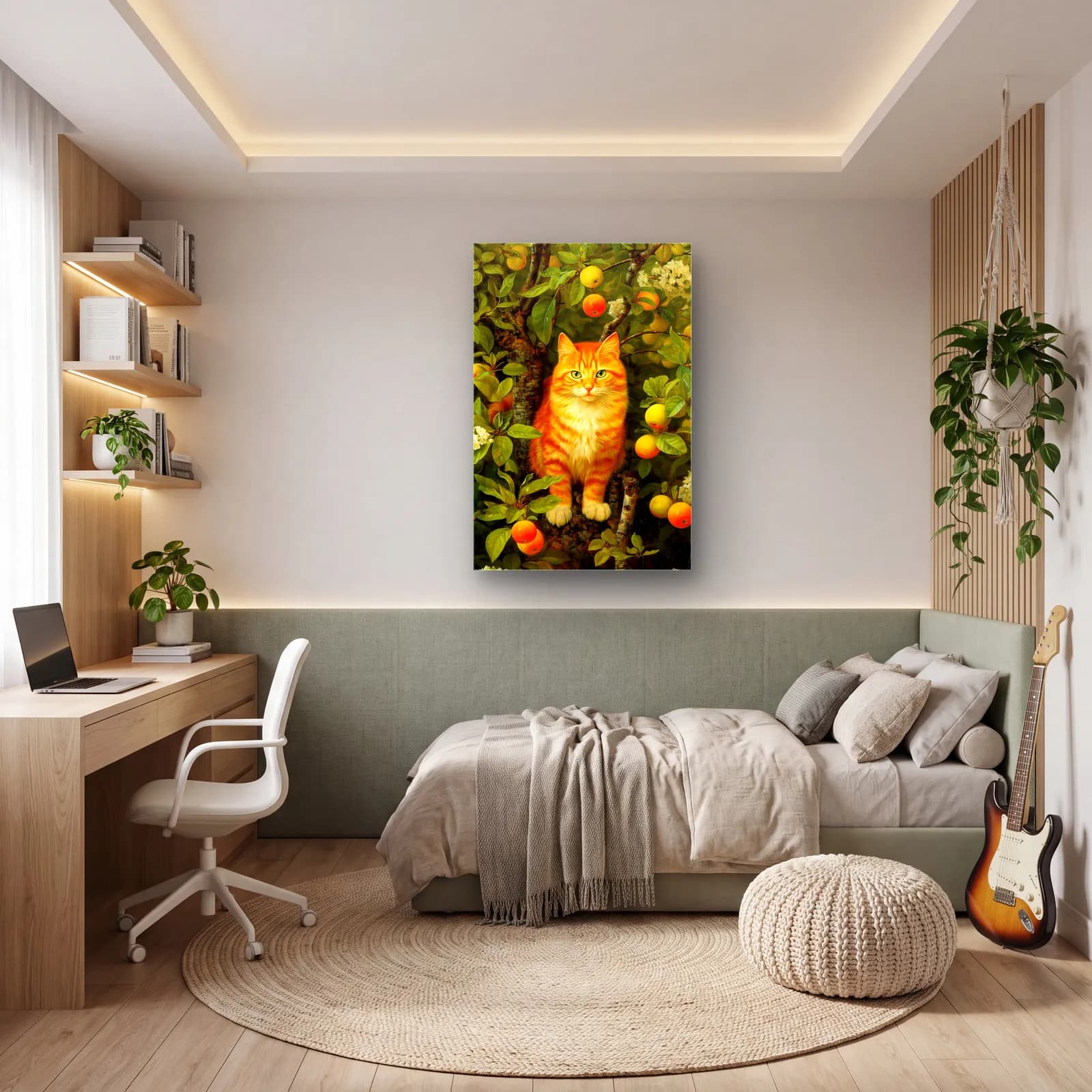 Elma Ağacında Tekir Kedi cam tablo — genç odasında
