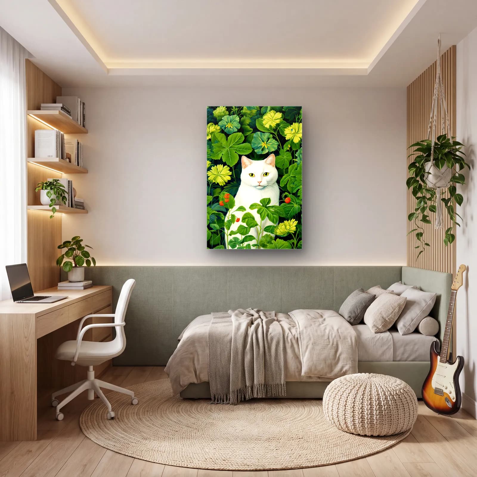 Yapraklar Arasında Beyaz Kedi cam tablo — genç odasında
