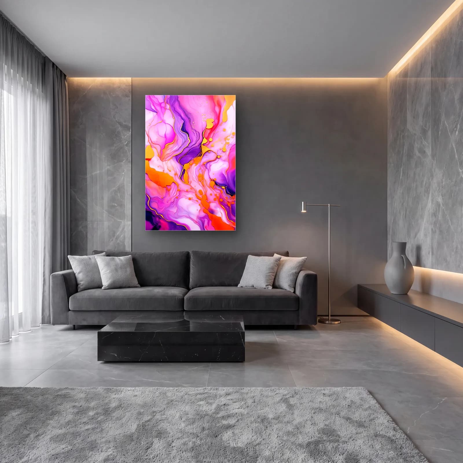 Pembe Mor Mermer Soyut cam tablo — lüks salon duvarında