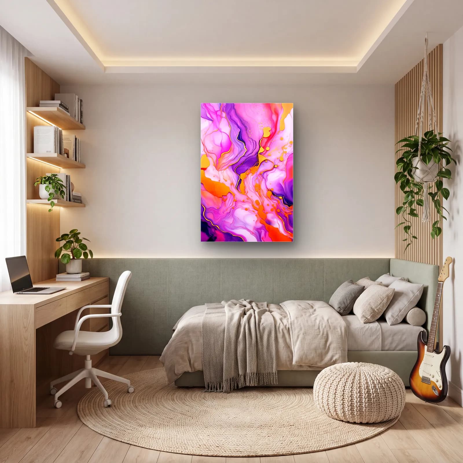 Pembe Mor Mermer Soyut cam tablo — genç odasında