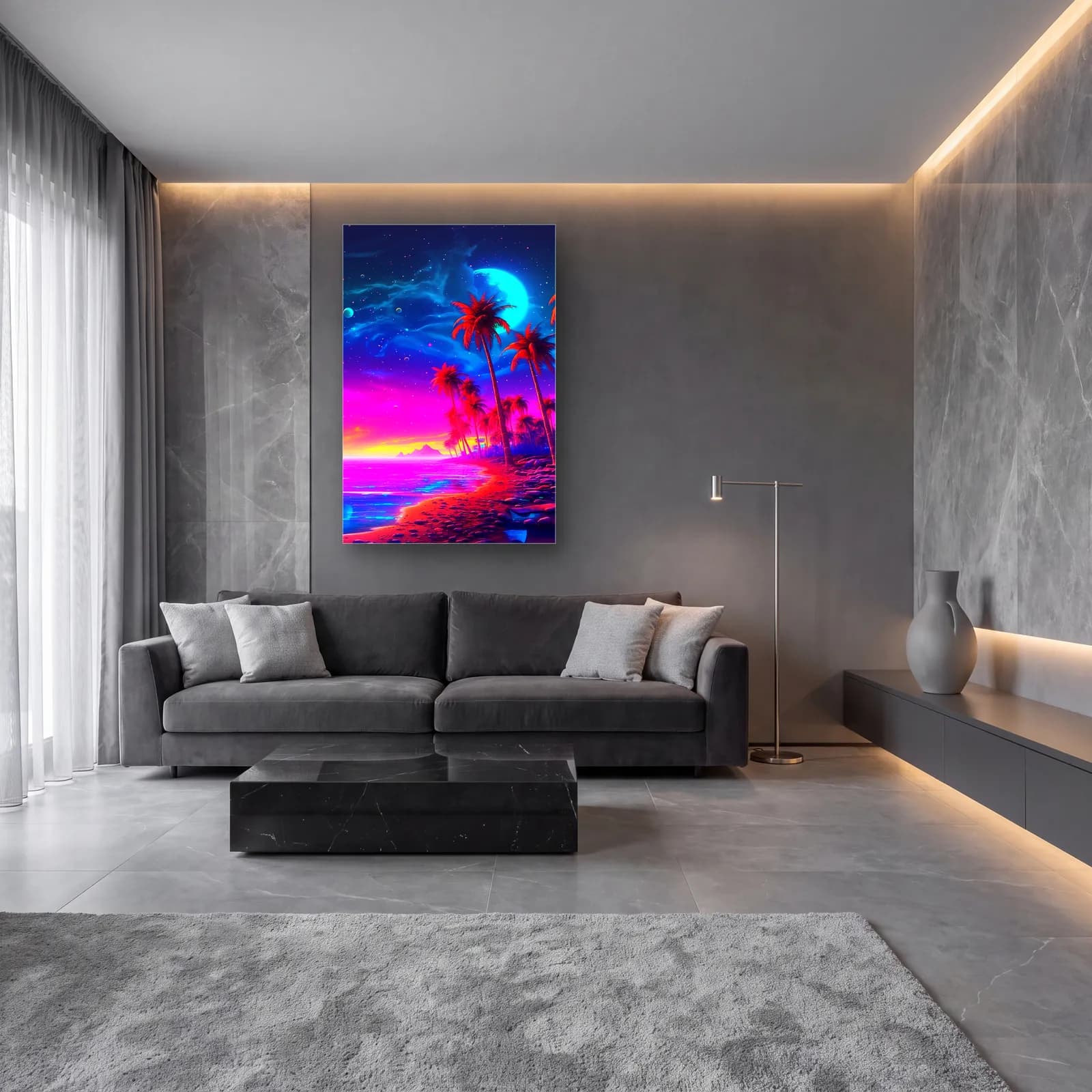 Neon Palmiyeli Sahil cam tablo — lüks salon duvarında
