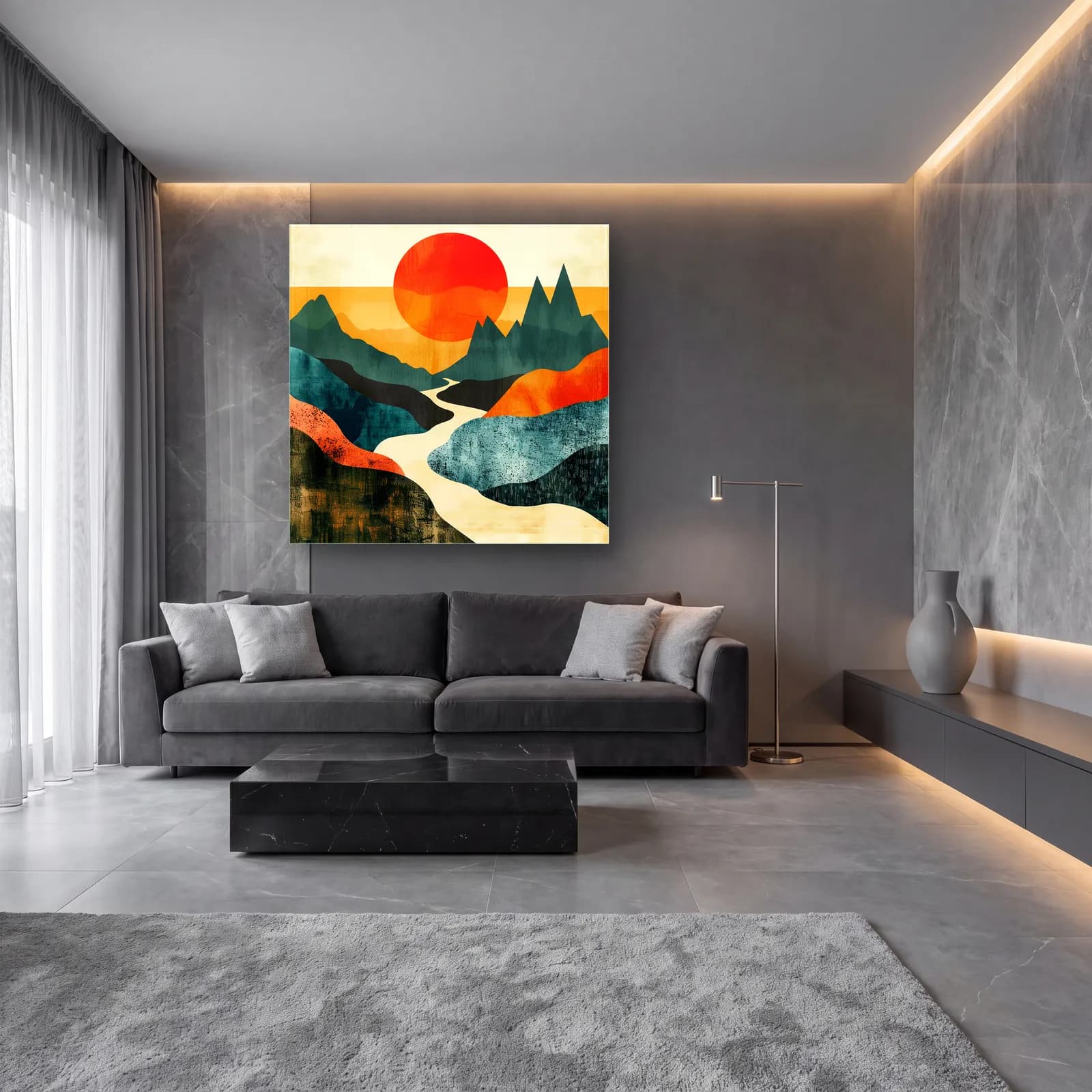 Boho Dağlar ve Kırmızı Güneş cam tablo — lüks salon duvarında