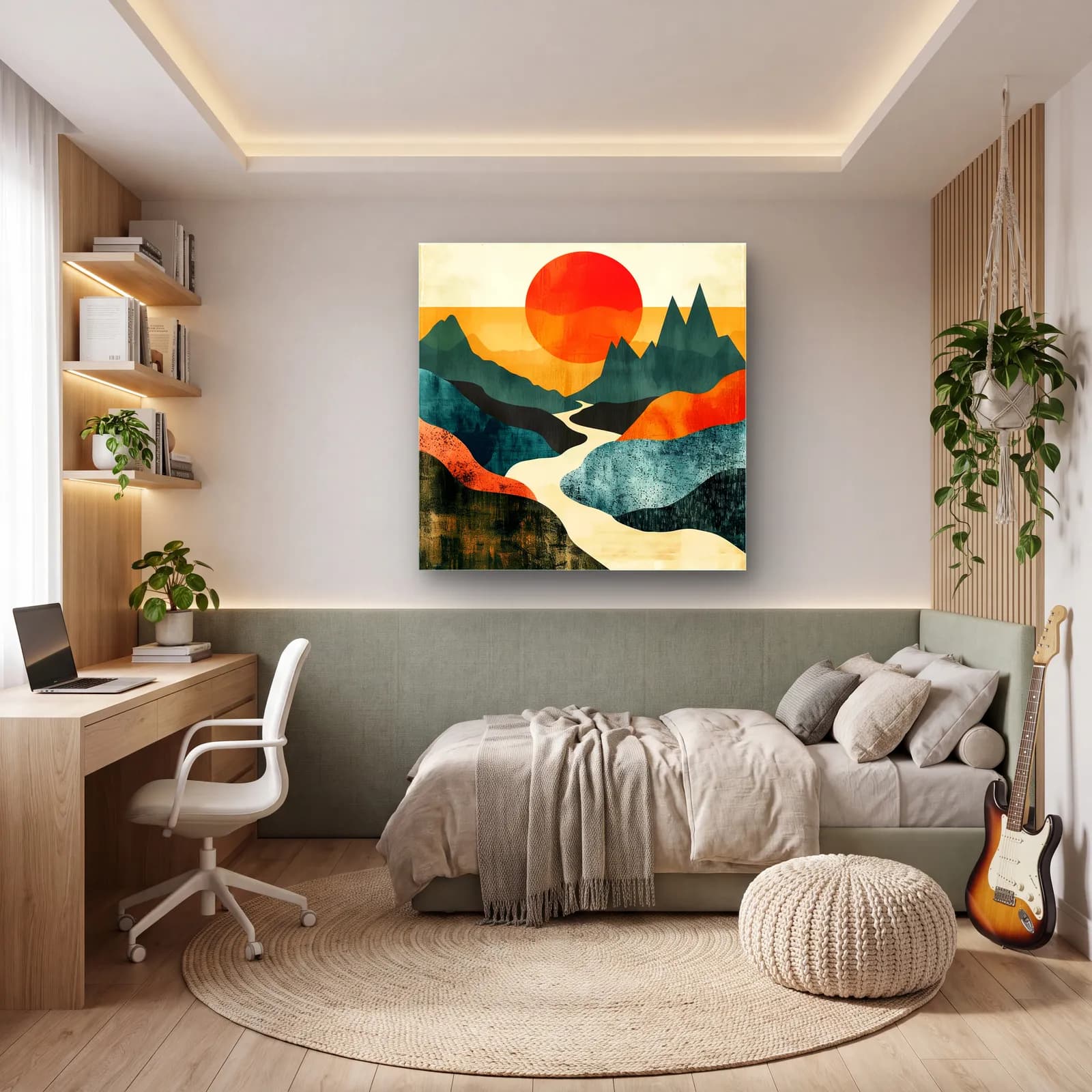 Boho Dağlar ve Kırmızı Güneş cam tablo — genç odasında