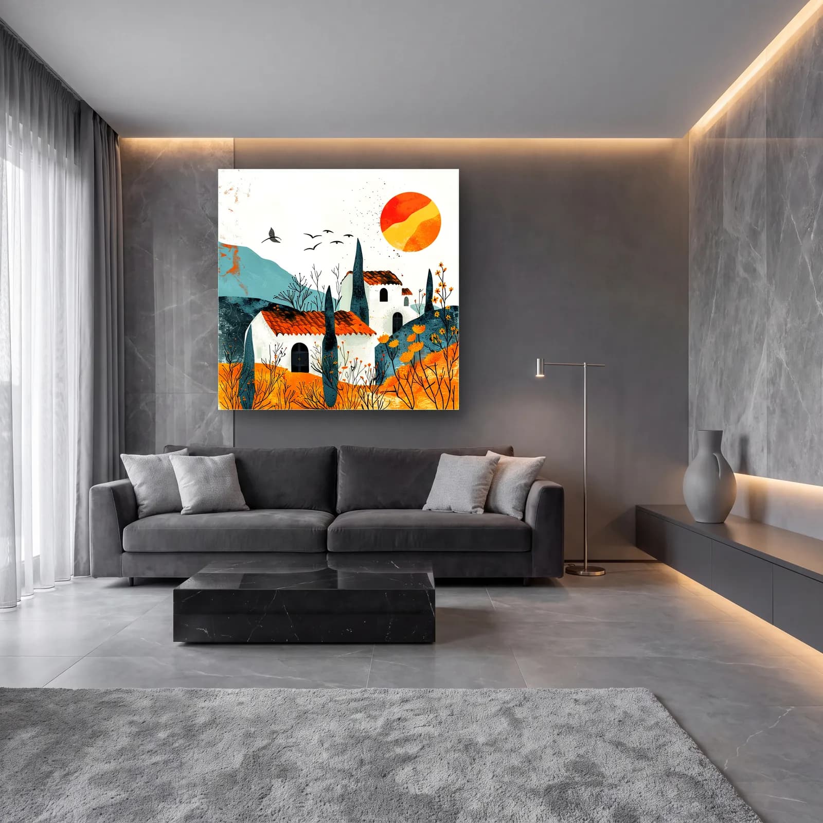 Boho Köy Evi ve Güneş cam tablo — lüks salon duvarında