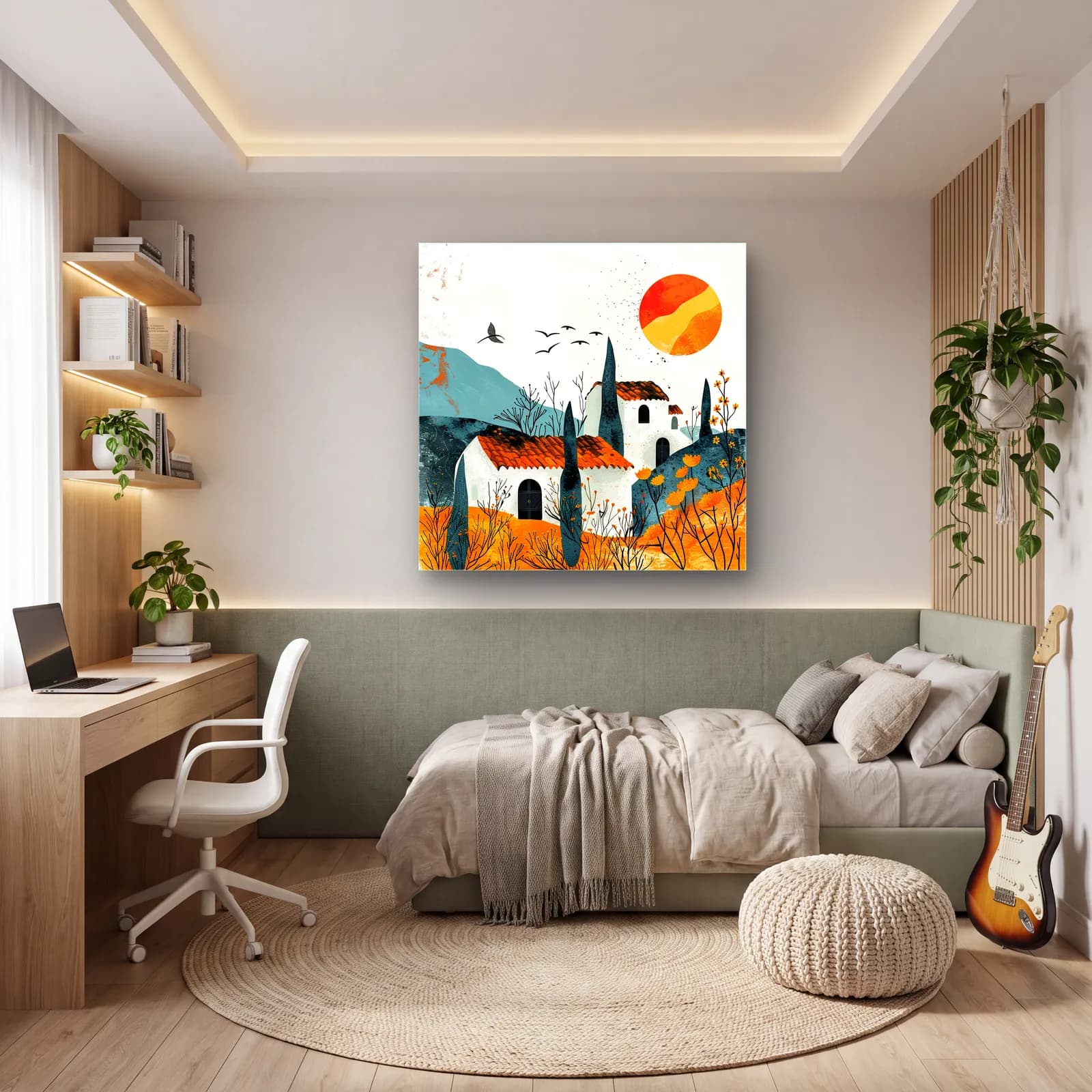 Boho Köy Evi ve Güneş cam tablo — genç odasında
