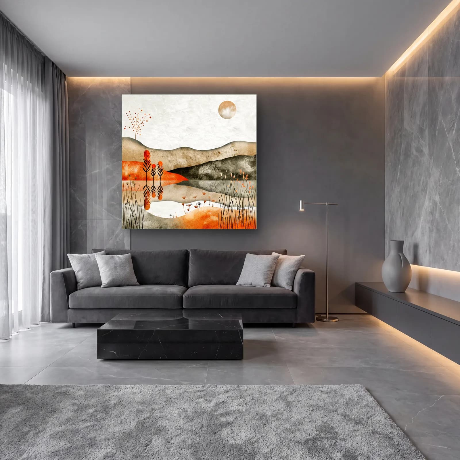 Boho Göl Yansıması ve Otlar cam tablo — lüks salon duvarında