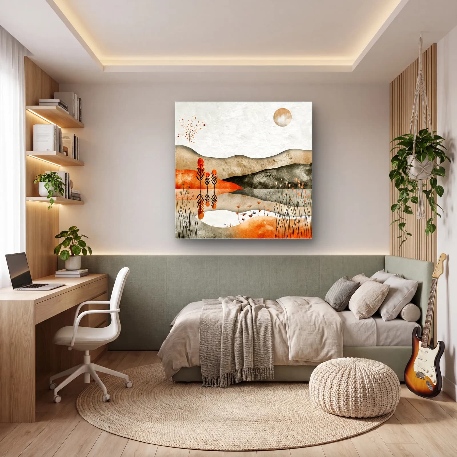 Boho Göl Yansıması ve Otlar cam tablo — genç odasında