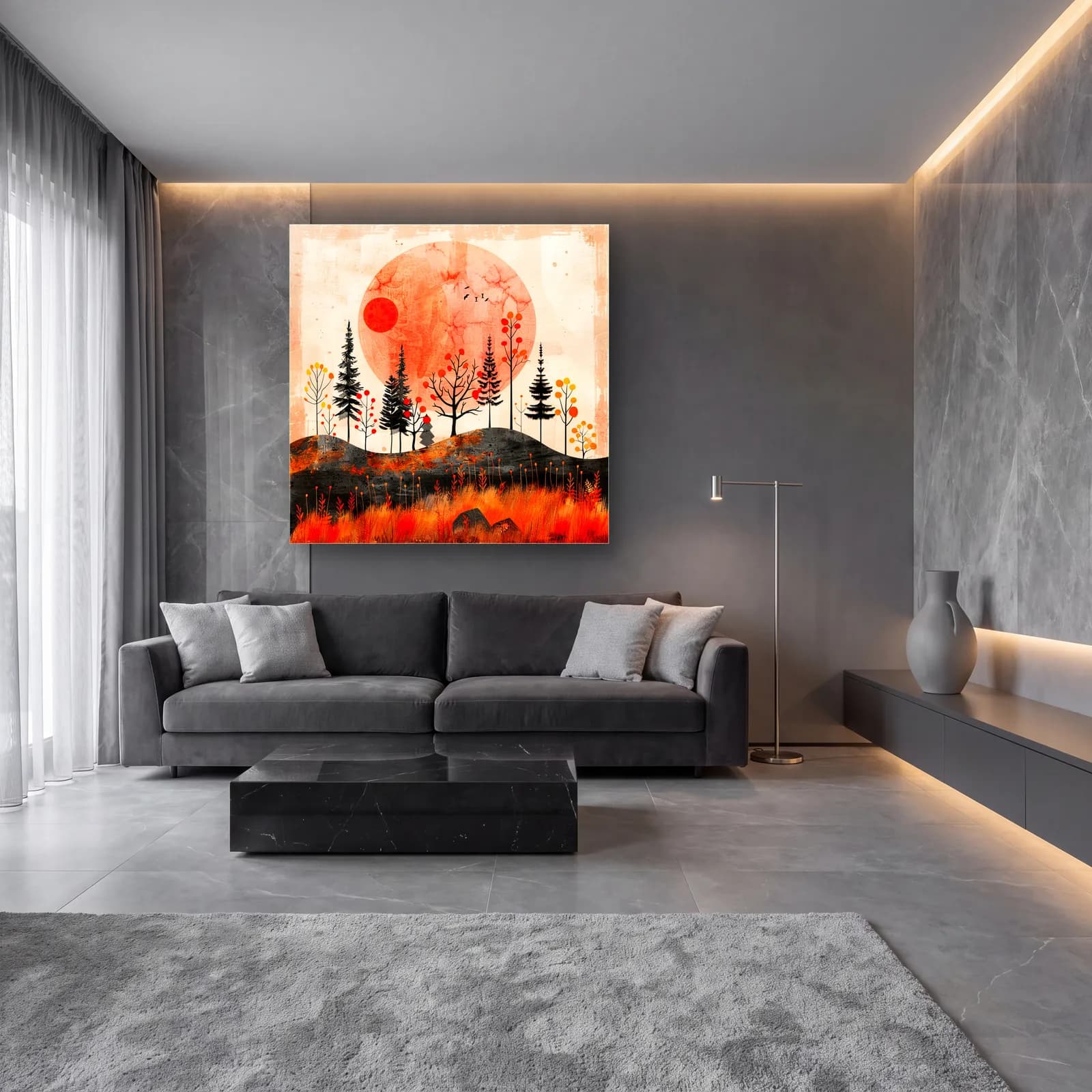 Kırmızı Güneş ve Sonbahar Ormanı cam tablo — lüks salon duvarında