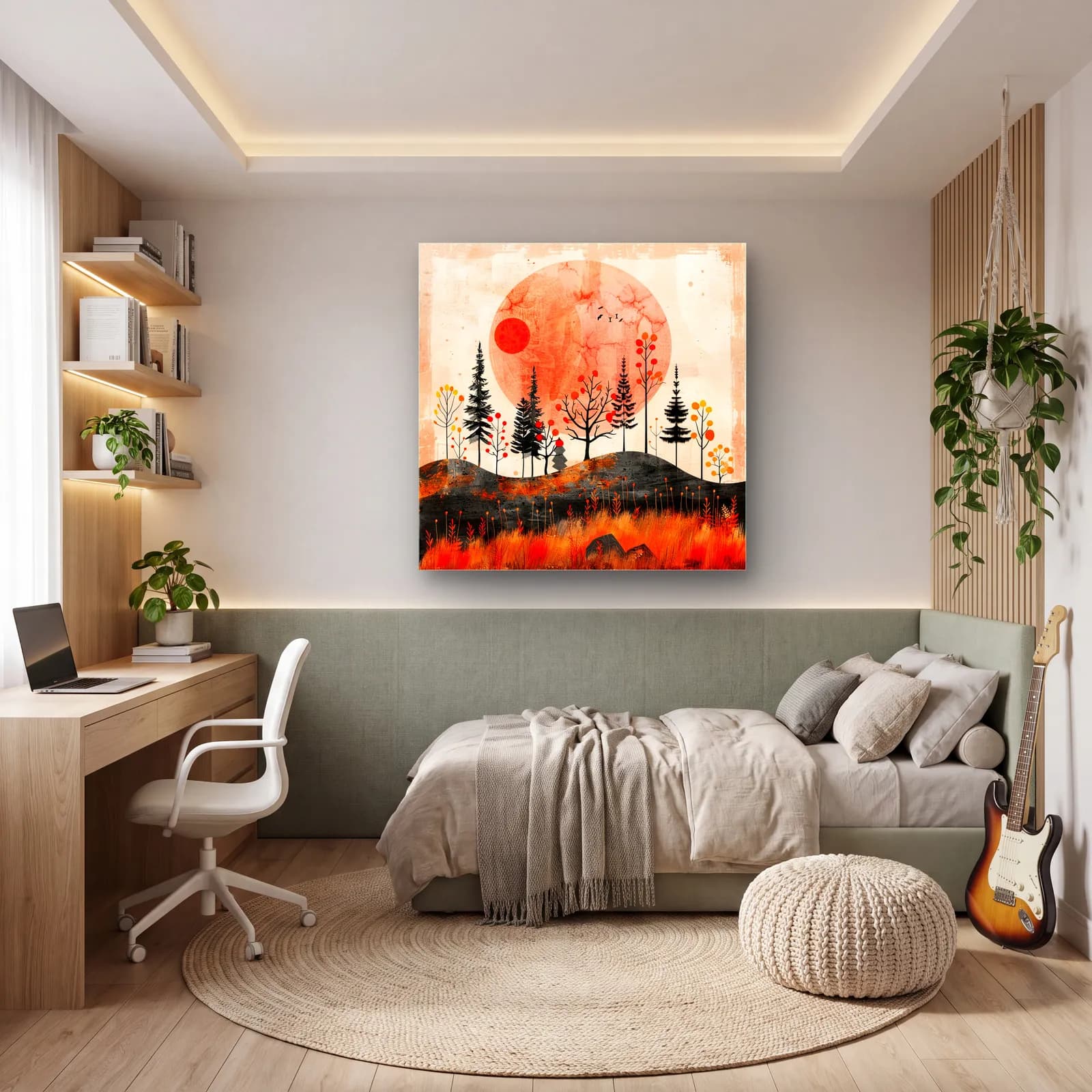 Kırmızı Güneş ve Sonbahar Ormanı cam tablo — genç odasında