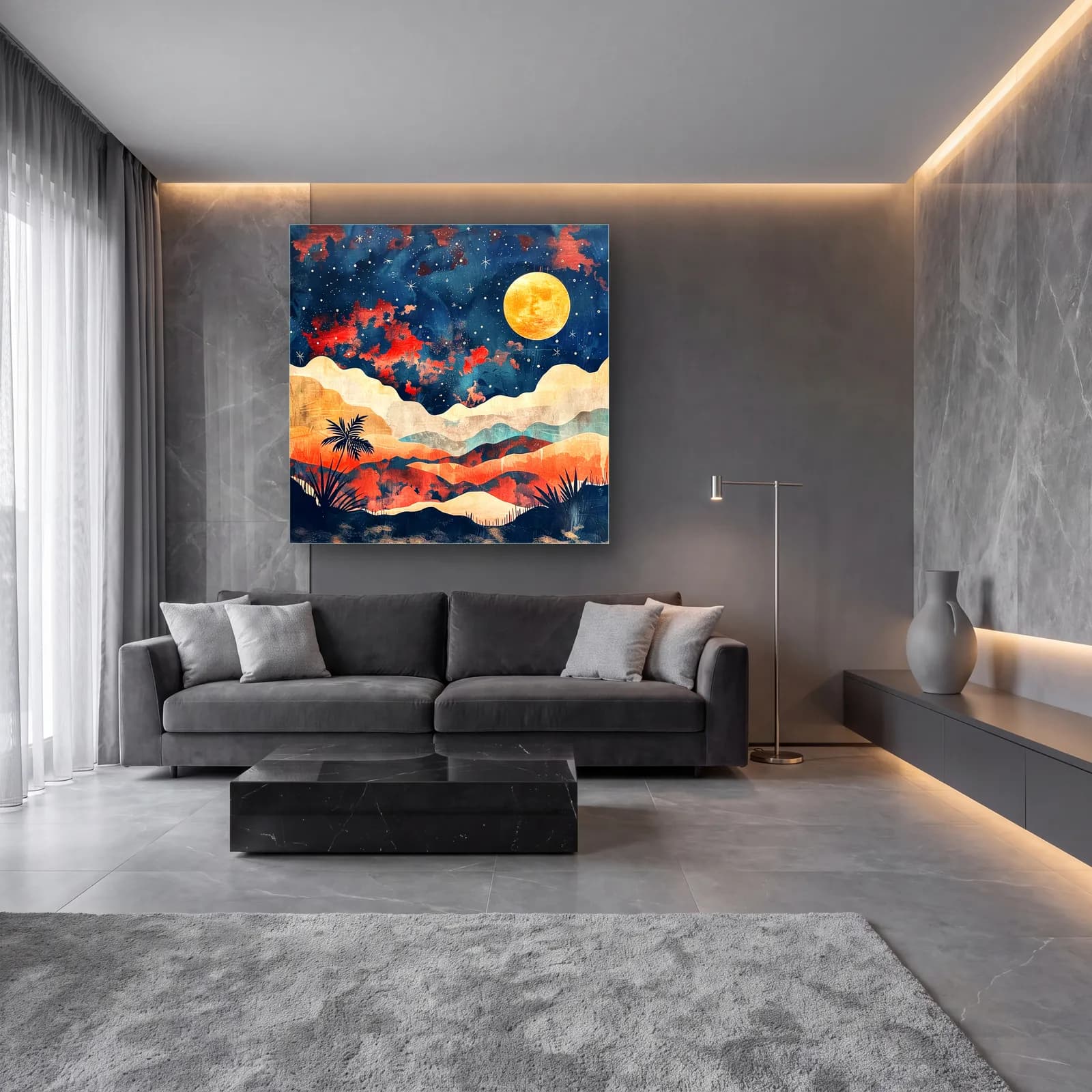 Yıldızlı Gece ve Sarı Ay cam tablo — lüks salon duvarında