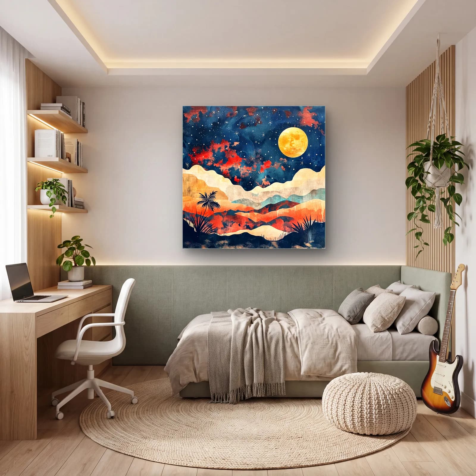 Yıldızlı Gece ve Sarı Ay cam tablo — genç odasında