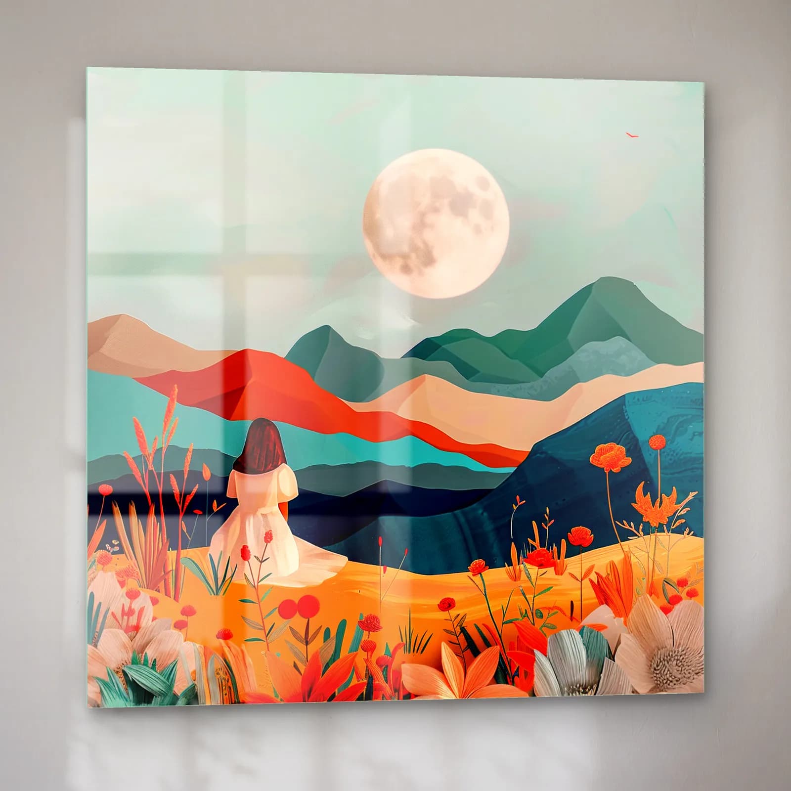 Dolunay Altında Oturan Kadın cam tablo — sol açıdan görünüm