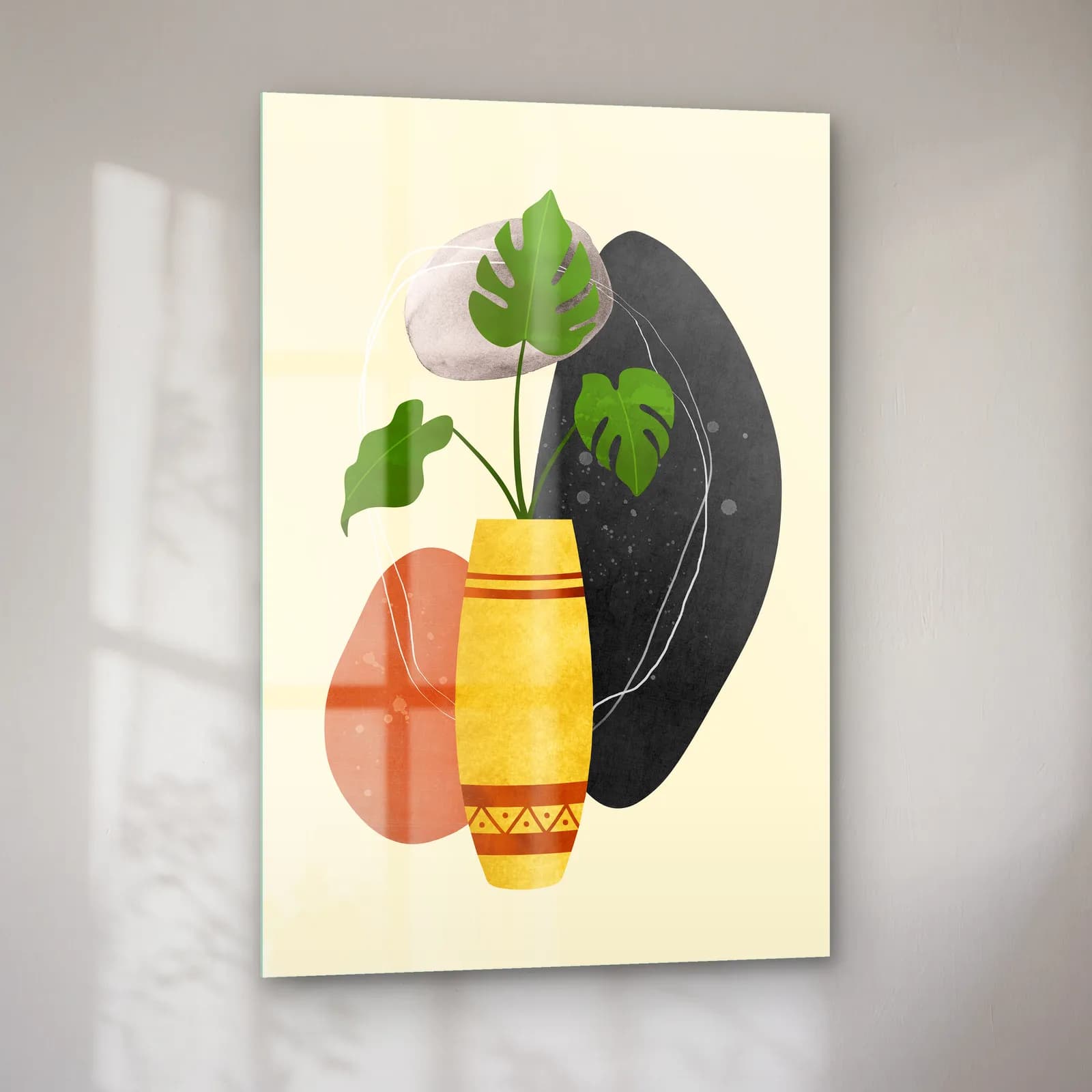 Boho Vazo ve Monstera cam tablo — sol açıdan görünüm