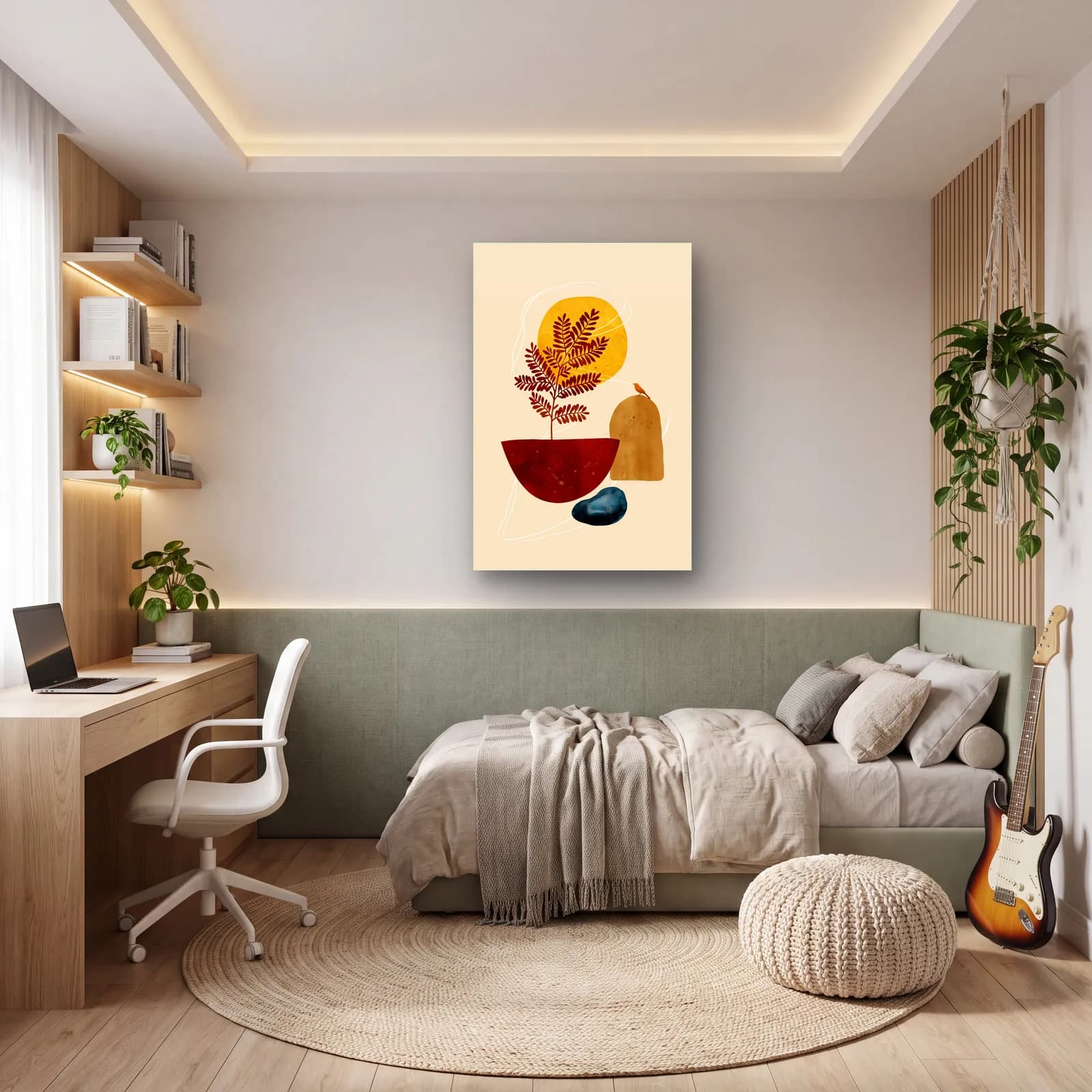 Boho Kase ve Kızıl Yaprak cam tablo — genç odasında