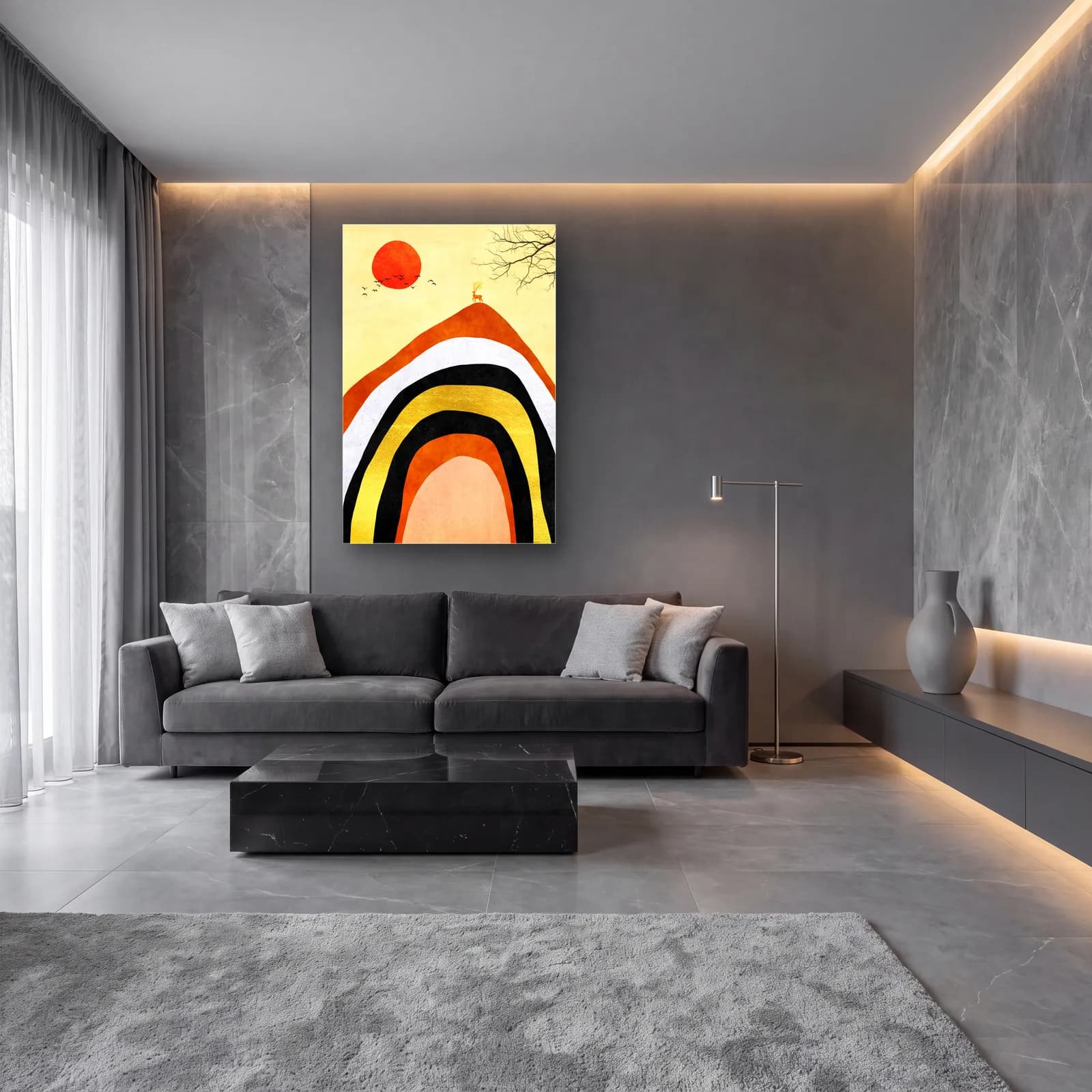Boho Gökkuşağı ve Kırmızı Güneş cam tablo — lüks salon duvarında