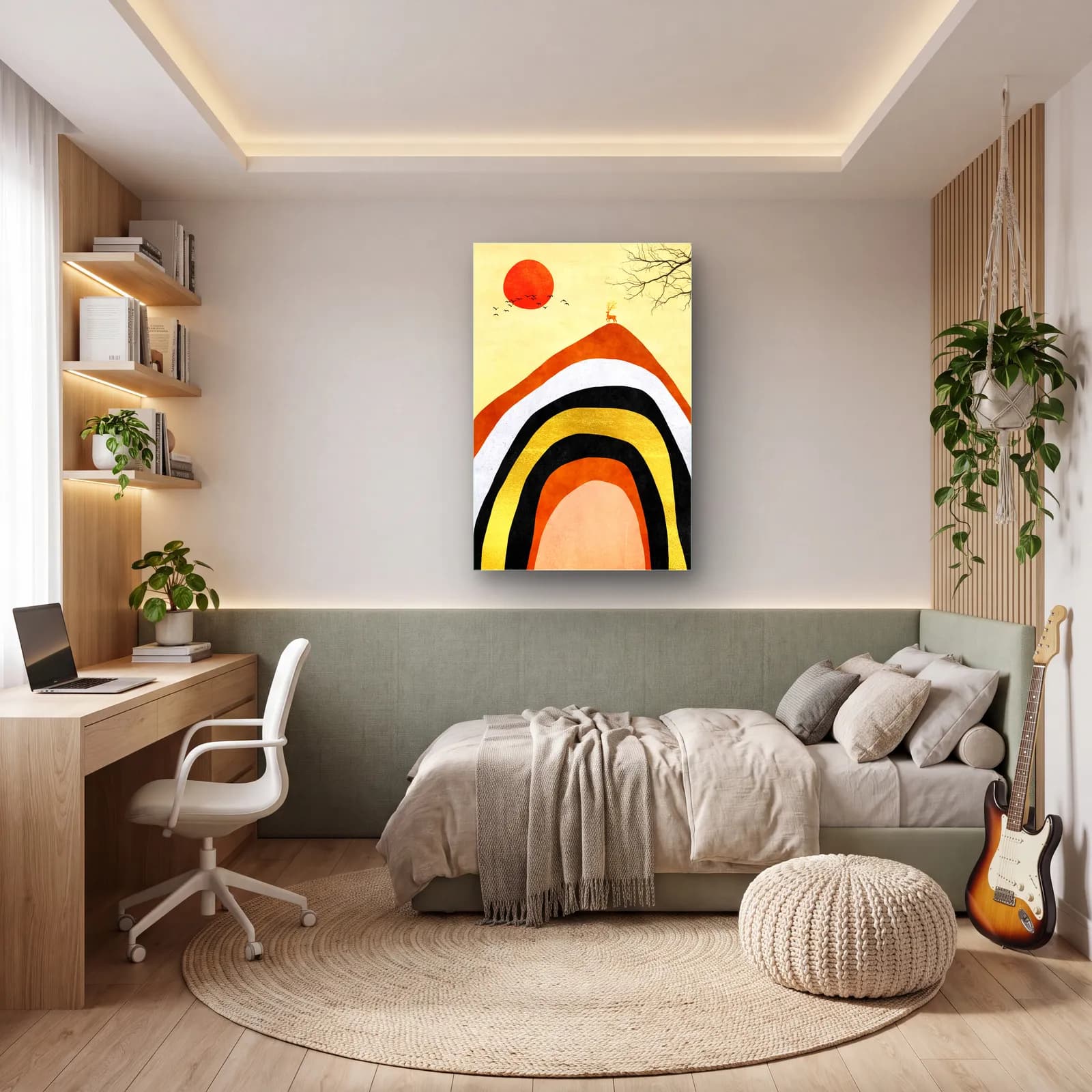 Boho Gökkuşağı ve Kırmızı Güneş cam tablo — genç odasında