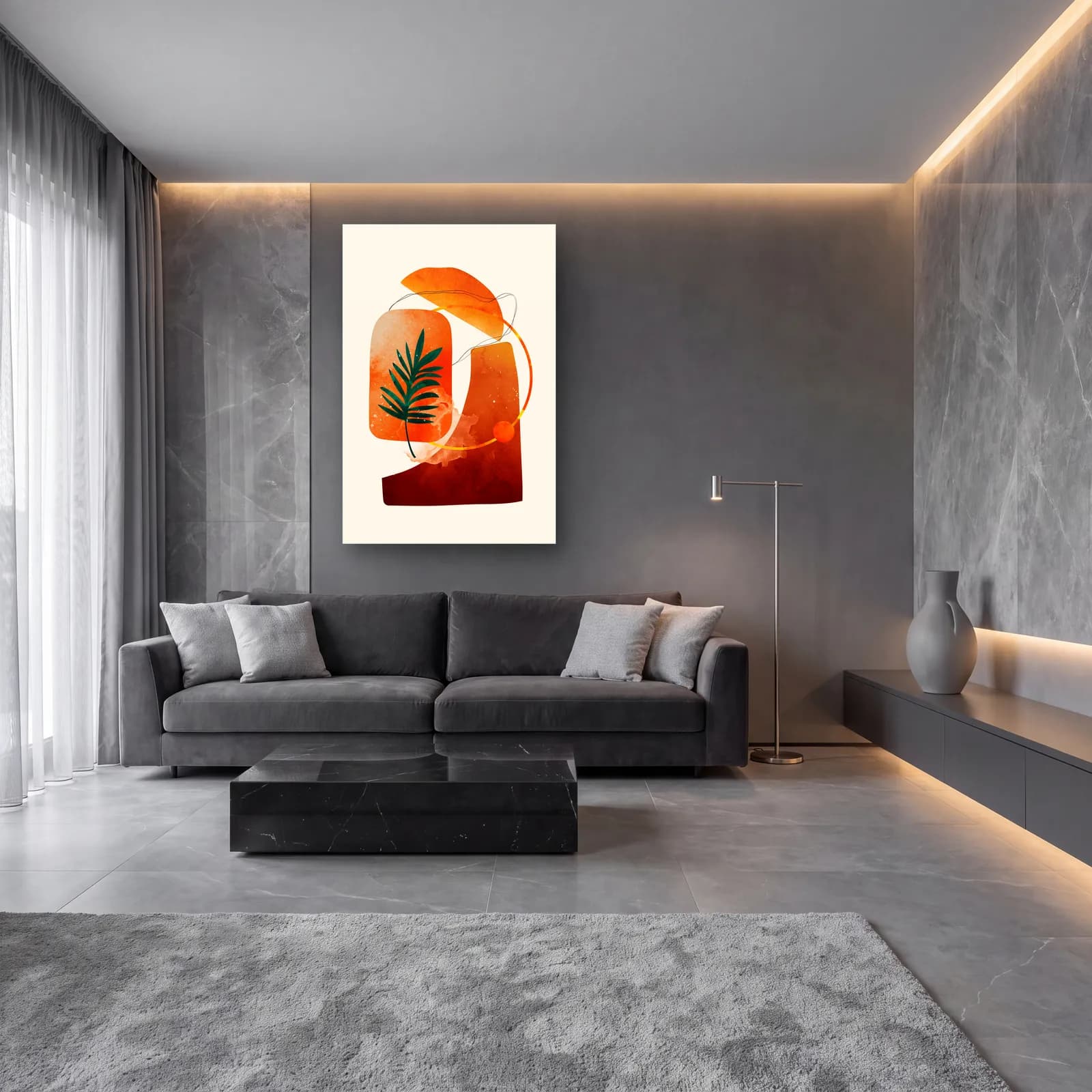 Terracotta Soyut ve Palmiye Yaprağı cam tablo — lüks salon duvarında