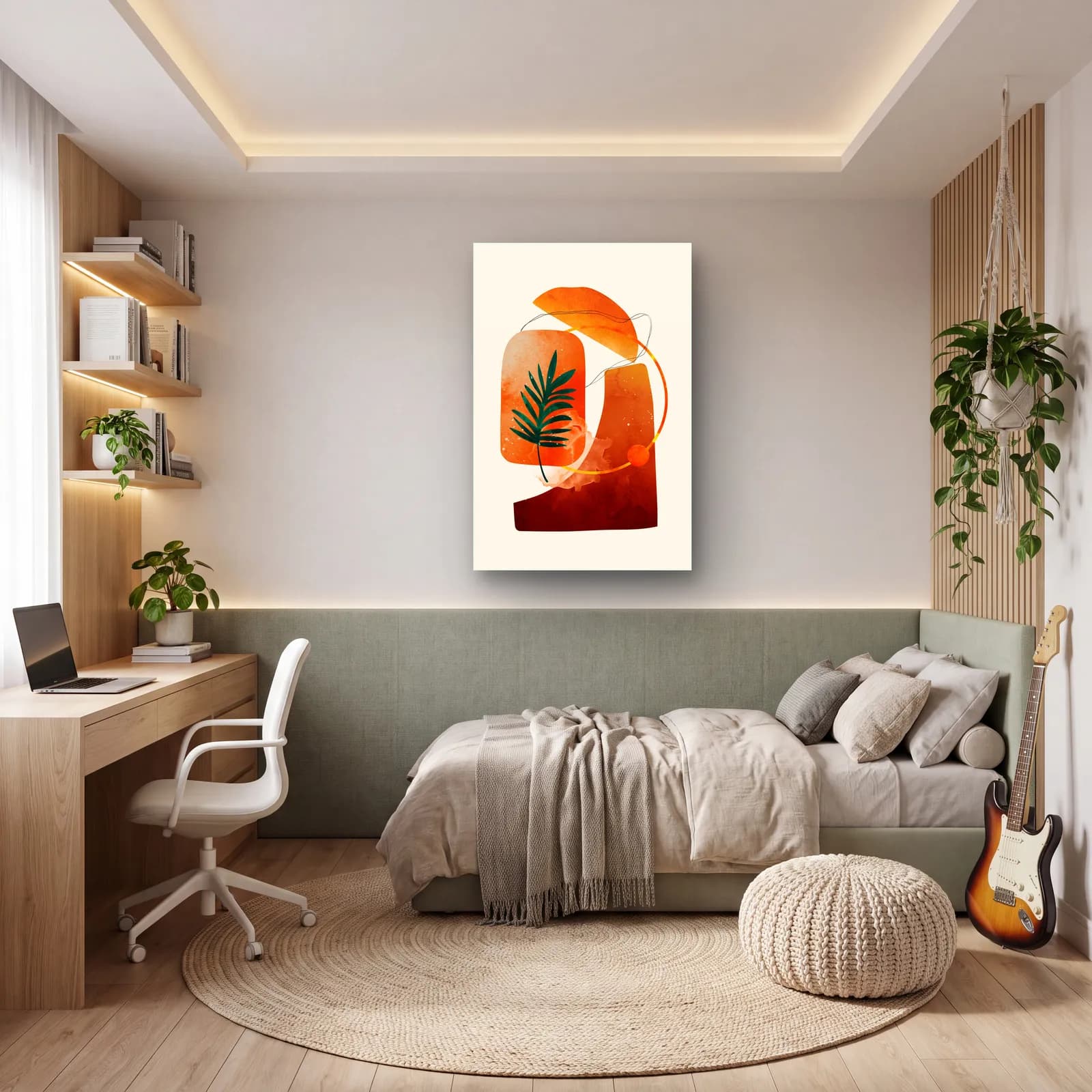Terracotta Soyut ve Palmiye Yaprağı cam tablo — genç odasında