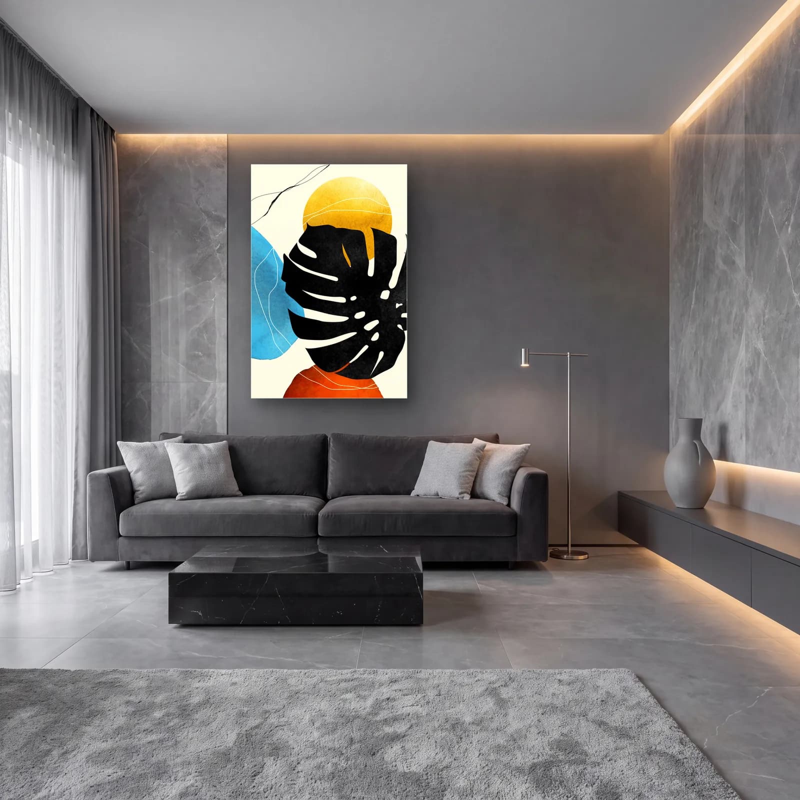 Siyah Monstera ve Sarı Güneş cam tablo — lüks salon duvarında