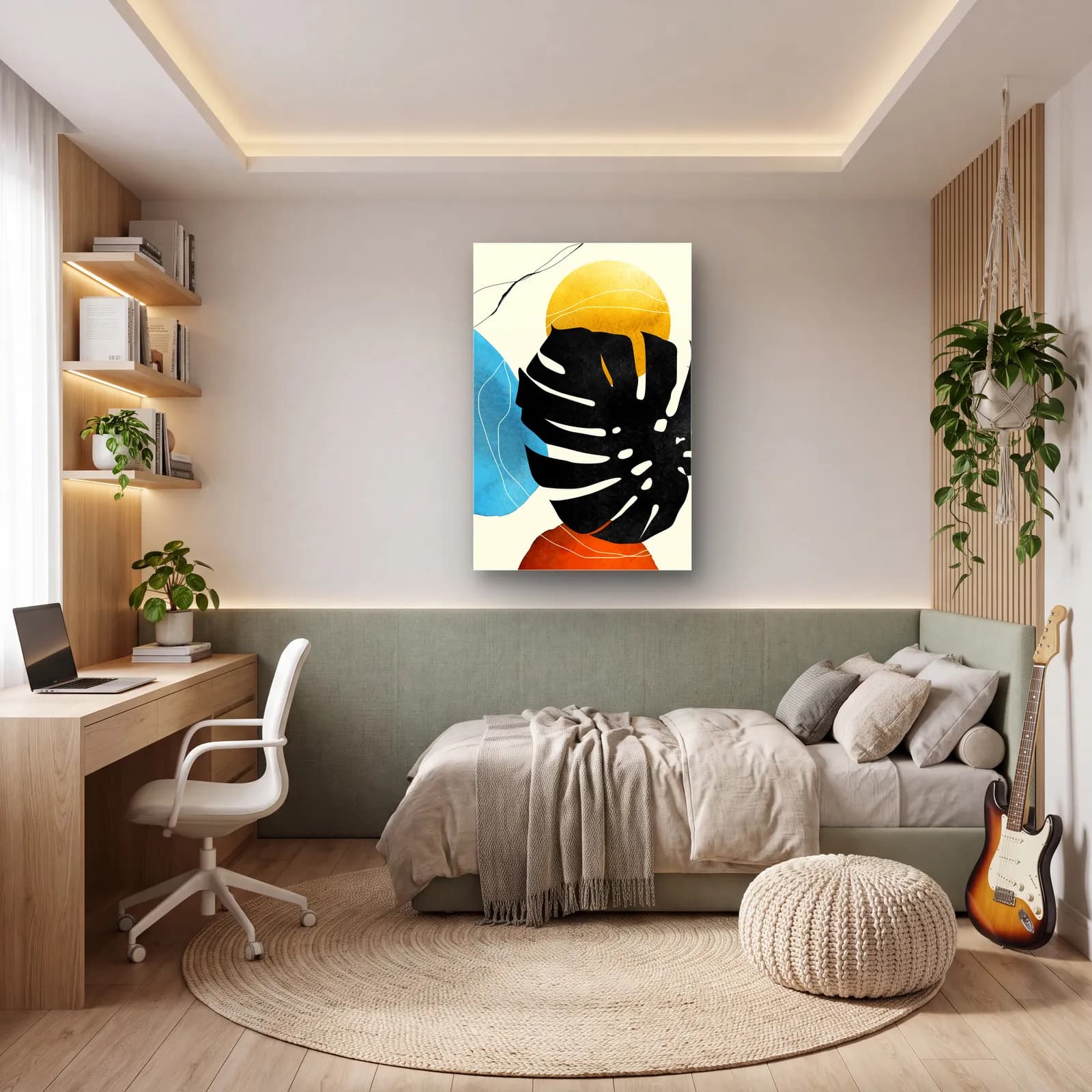 Siyah Monstera ve Sarı Güneş cam tablo — genç odasında