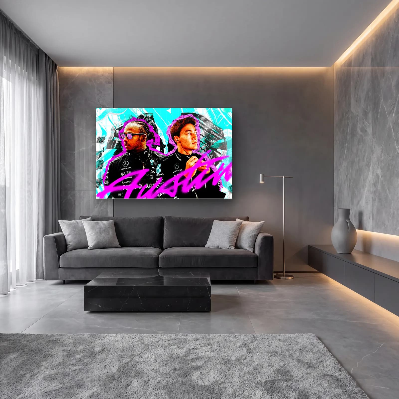 Hamilton ve Russell Austin Panoramik cam tablo — lüks salon duvarında