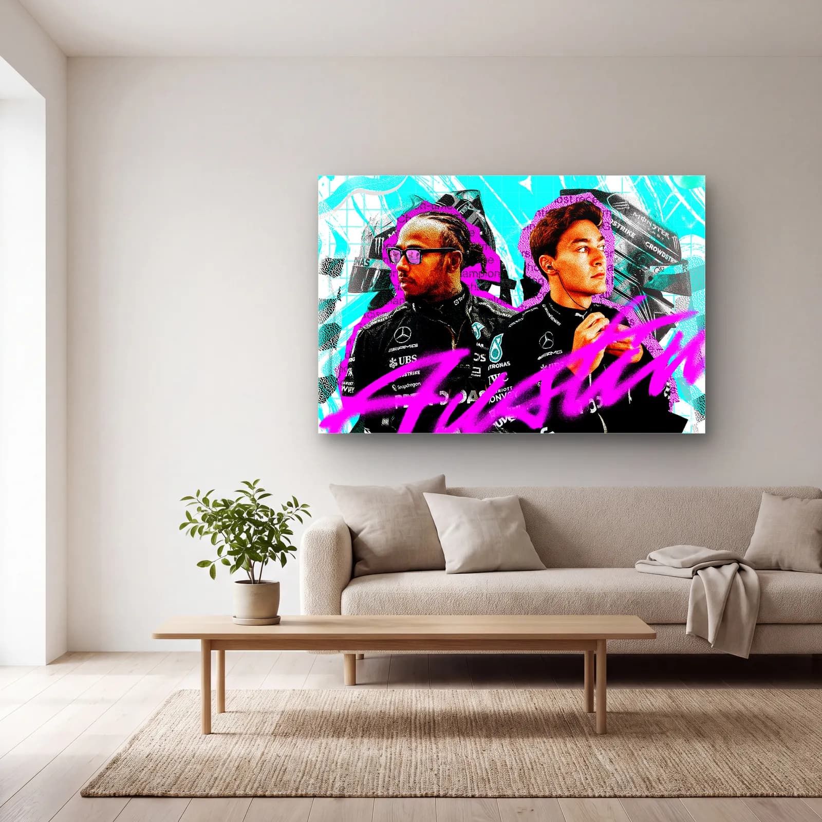 Hamilton ve Russell Austin Panoramik cam tablo — açık renk salonda