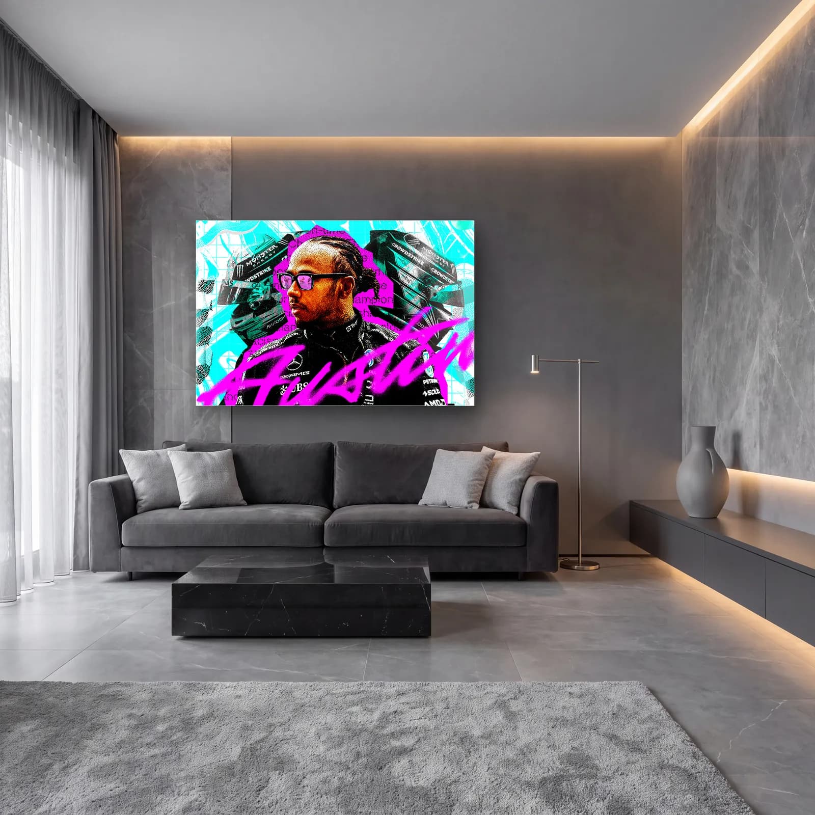 Lewis Hamilton Austin Grafiti cam tablo — lüks salon duvarında