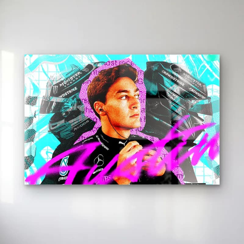 George Russell Austin Grafiti cam tablo — George Russell portresi, turkuaz grafiti deseni ve pembe Austin yazısı