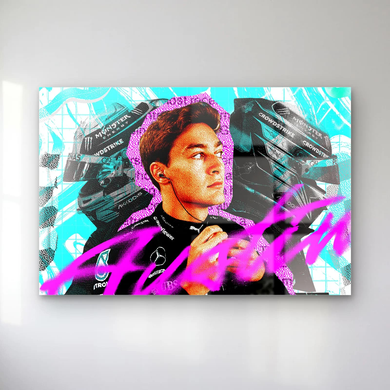 George Russell Austin Grafiti cam tablo — George Russell portresi, turkuaz grafiti deseni ve pembe Austin yazısı