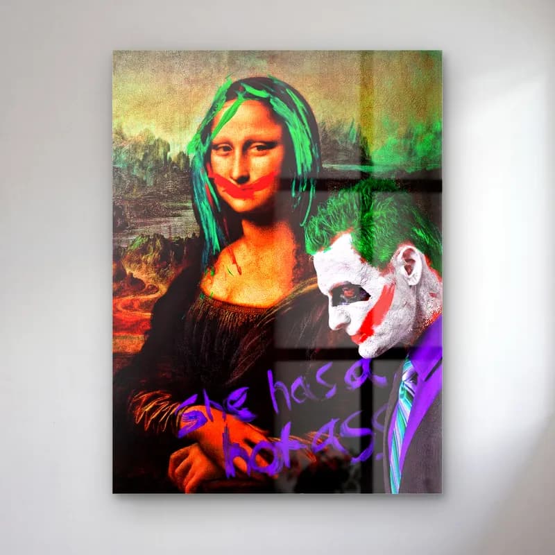Mona Lisa ve Joker cam tablo — Yeşil saçlı Mona Lisa ve yanında Joker, mor grafiti yazılar