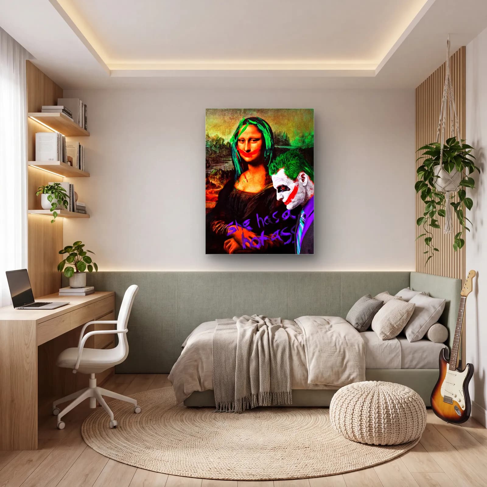 Mona Lisa ve Joker cam tablo — genç odasında