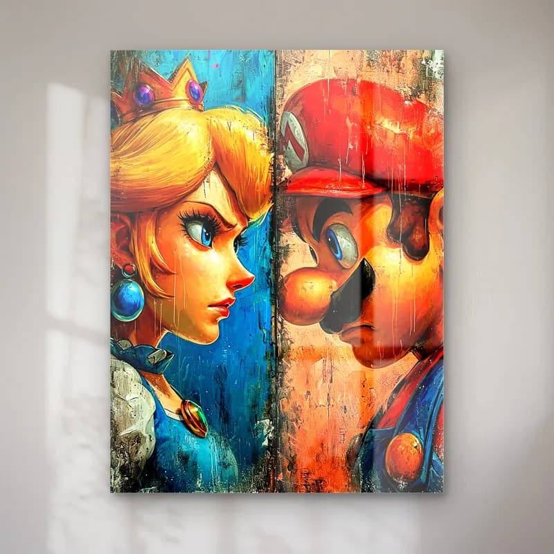 Prenses Peach ve Mario cam tablo — Eskitilmiş duvar dokusunda Prenses Peach ve Mario yüz yüze portre