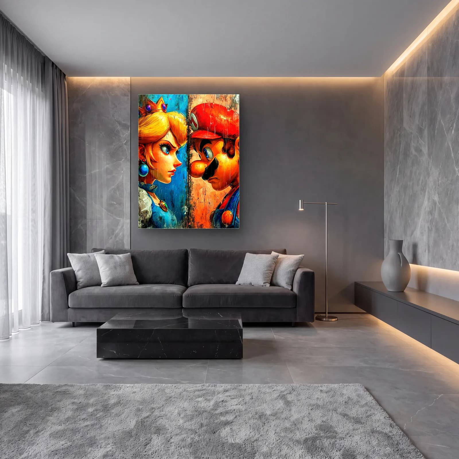 Prenses Peach ve Mario cam tablo — lüks salon duvarında