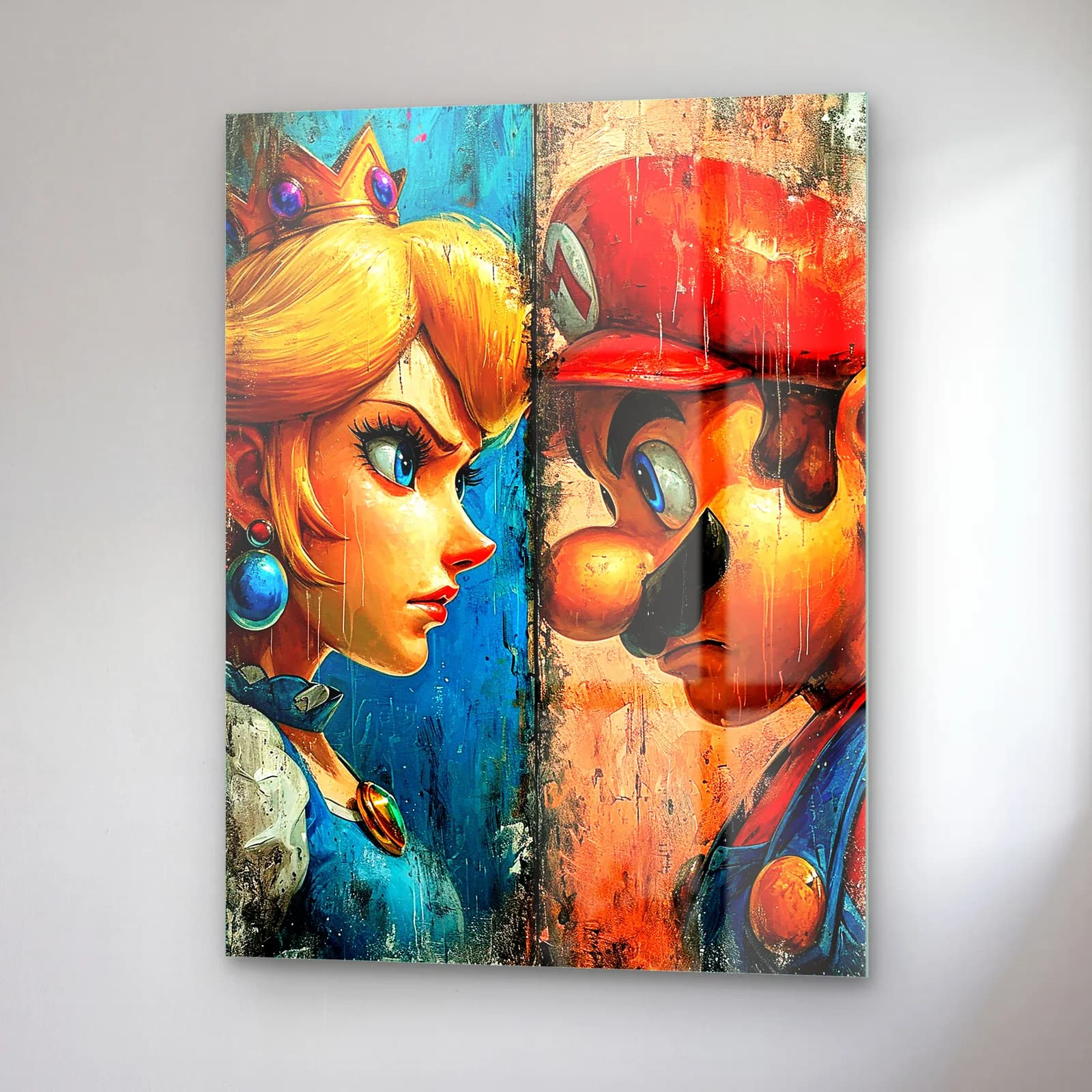 Prenses Peach ve Mario cam tablo — sağ açıdan görünüm
