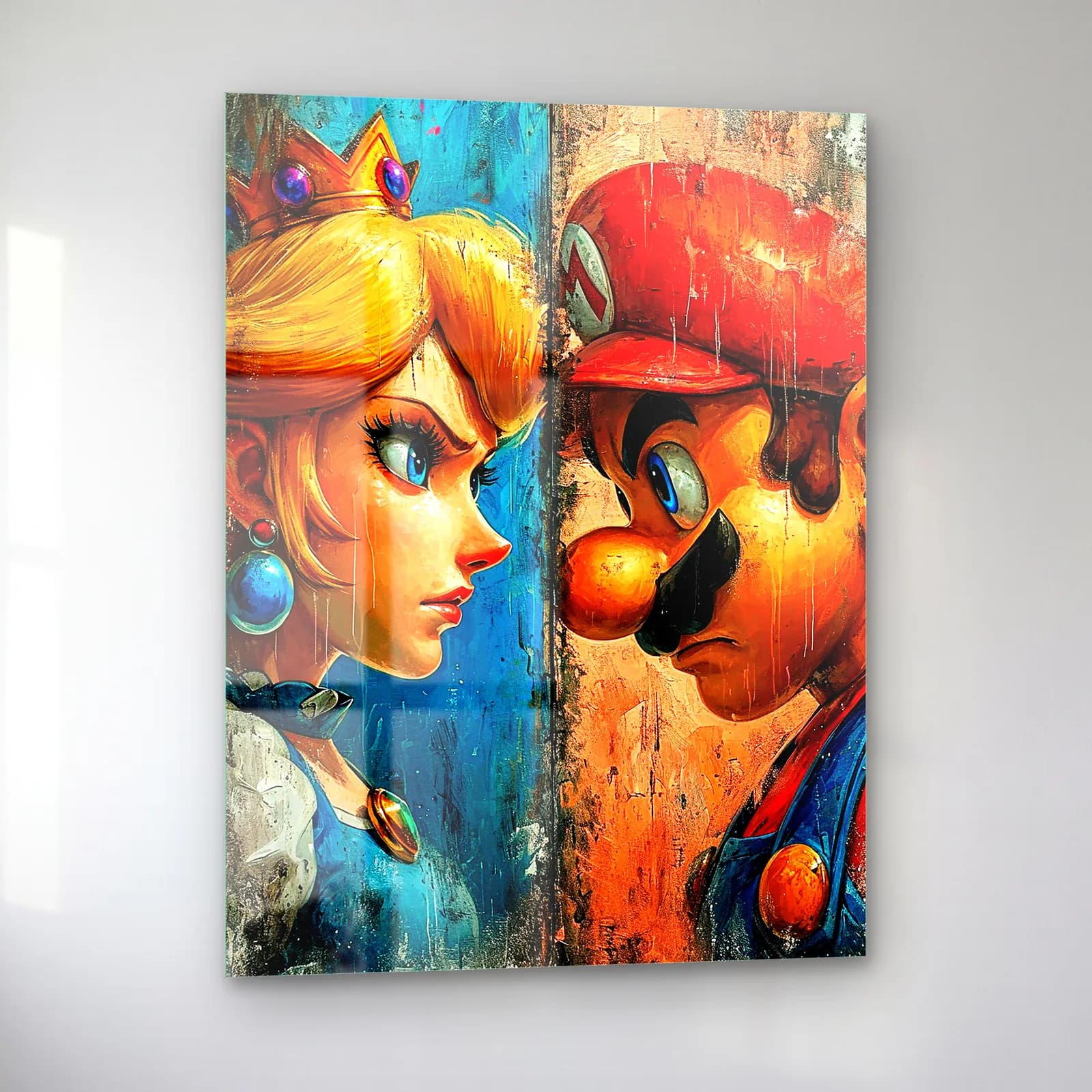 Prenses Peach ve Mario cam tablo — sol açıdan görünüm