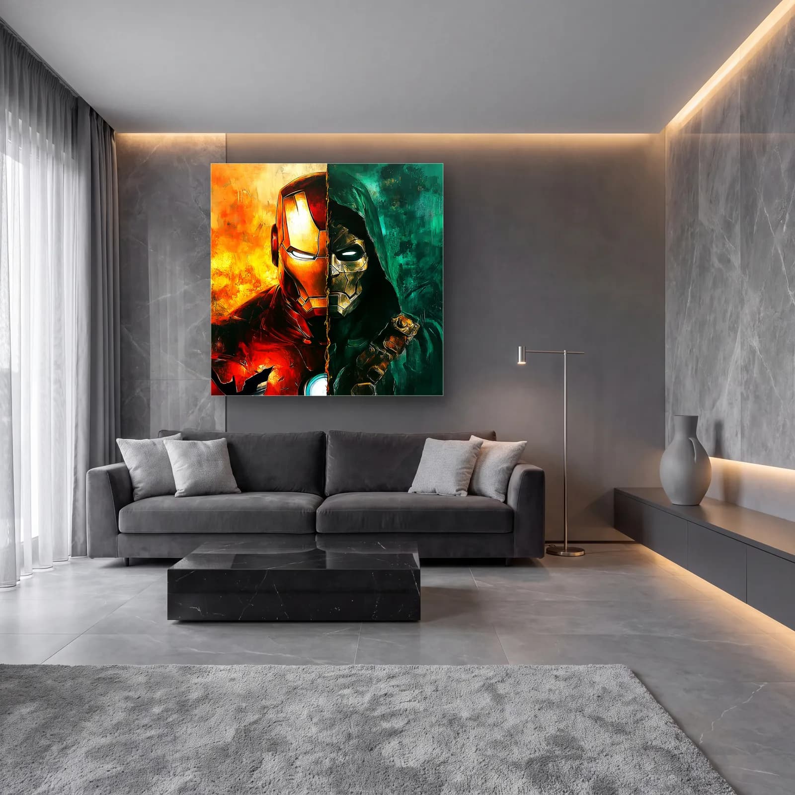 Iron Man ve Doctor Doom cam tablo — lüks salon duvarında