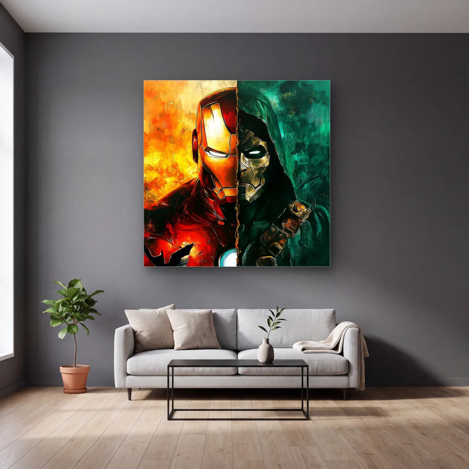 Iron Man ve Doctor Doom cam tablo — gri duvarlı salonda