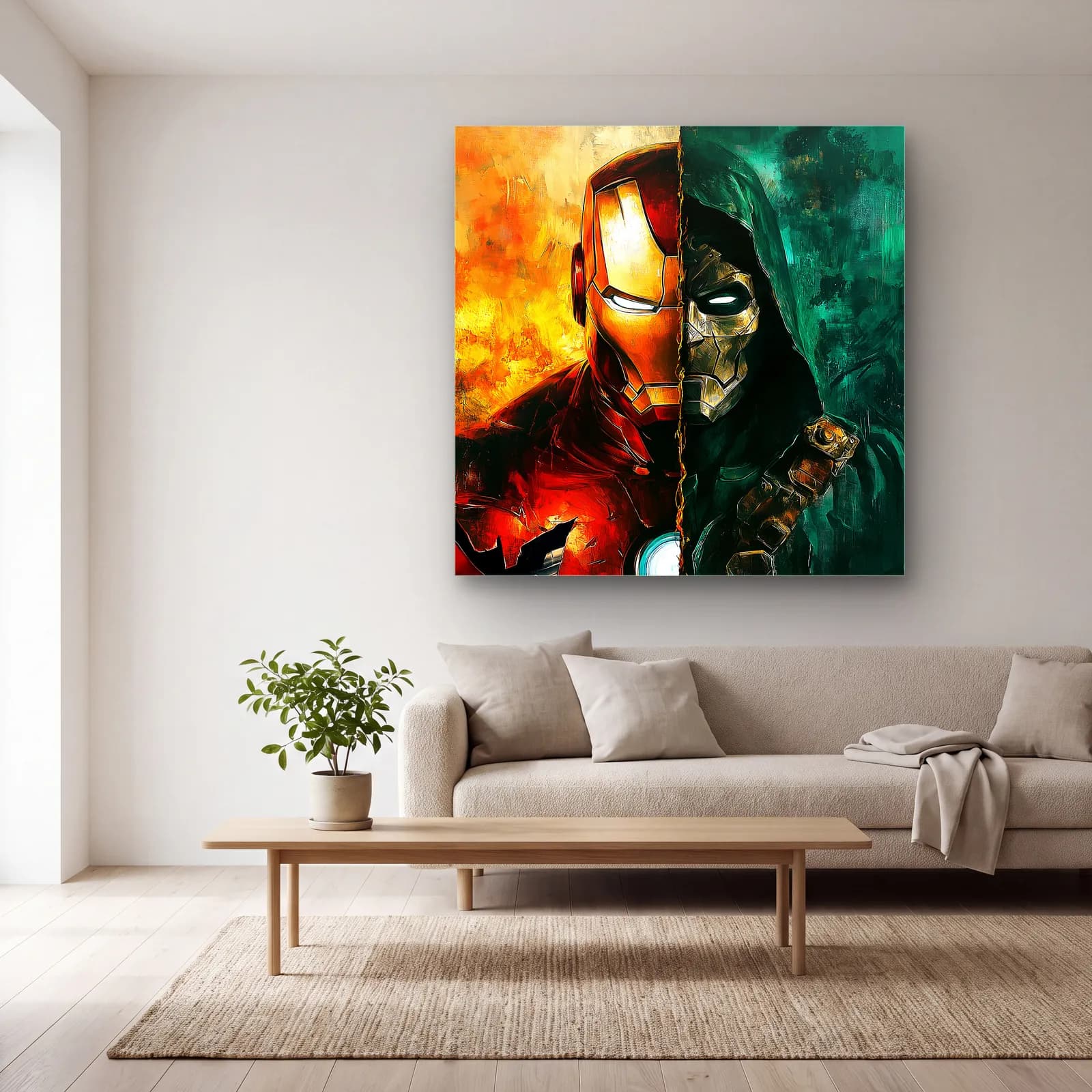Iron Man ve Doctor Doom cam tablo — açık renk salonda
