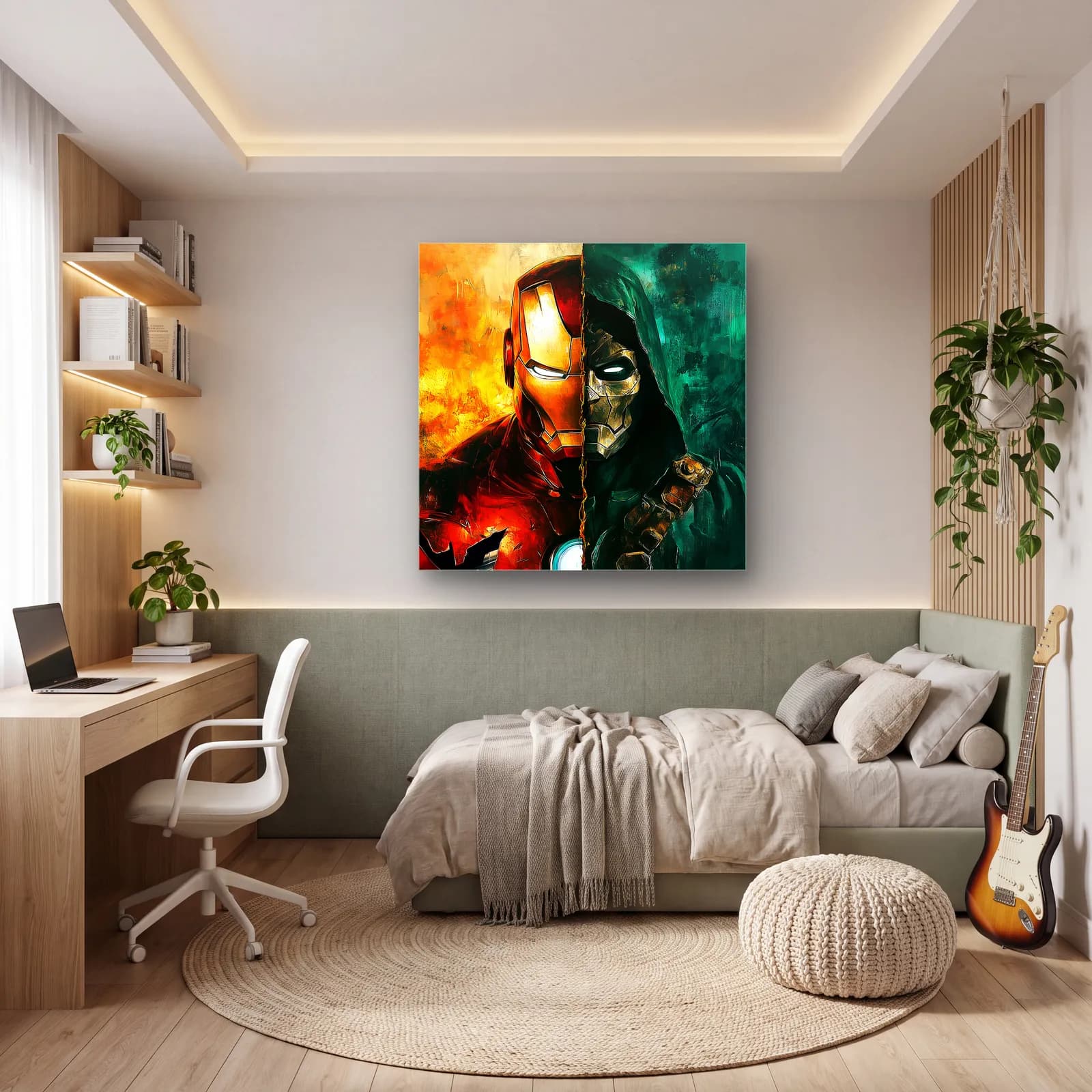 Iron Man ve Doctor Doom cam tablo — genç odasında