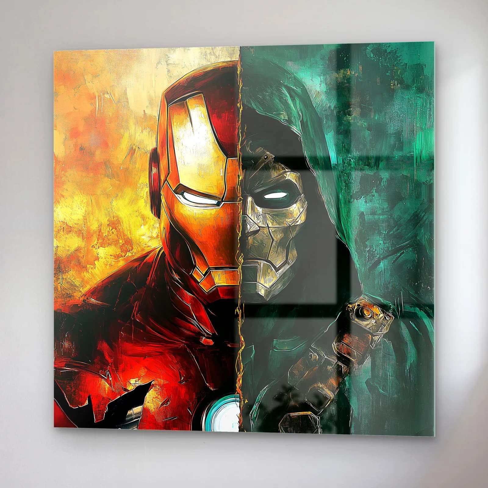 Iron Man ve Doctor Doom cam tablo — sağ açıdan görünüm