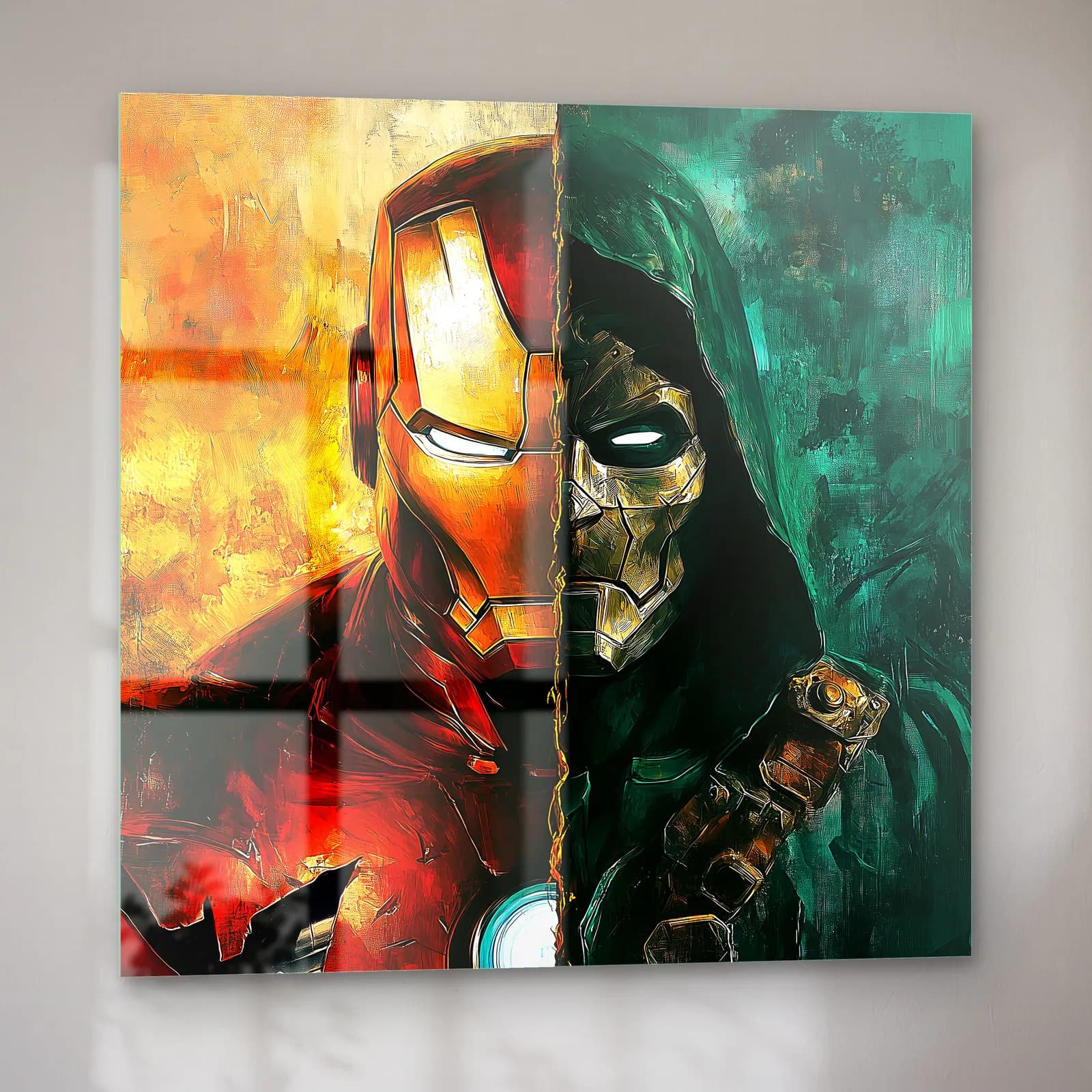 Iron Man ve Doctor Doom cam tablo — sol açıdan görünüm
