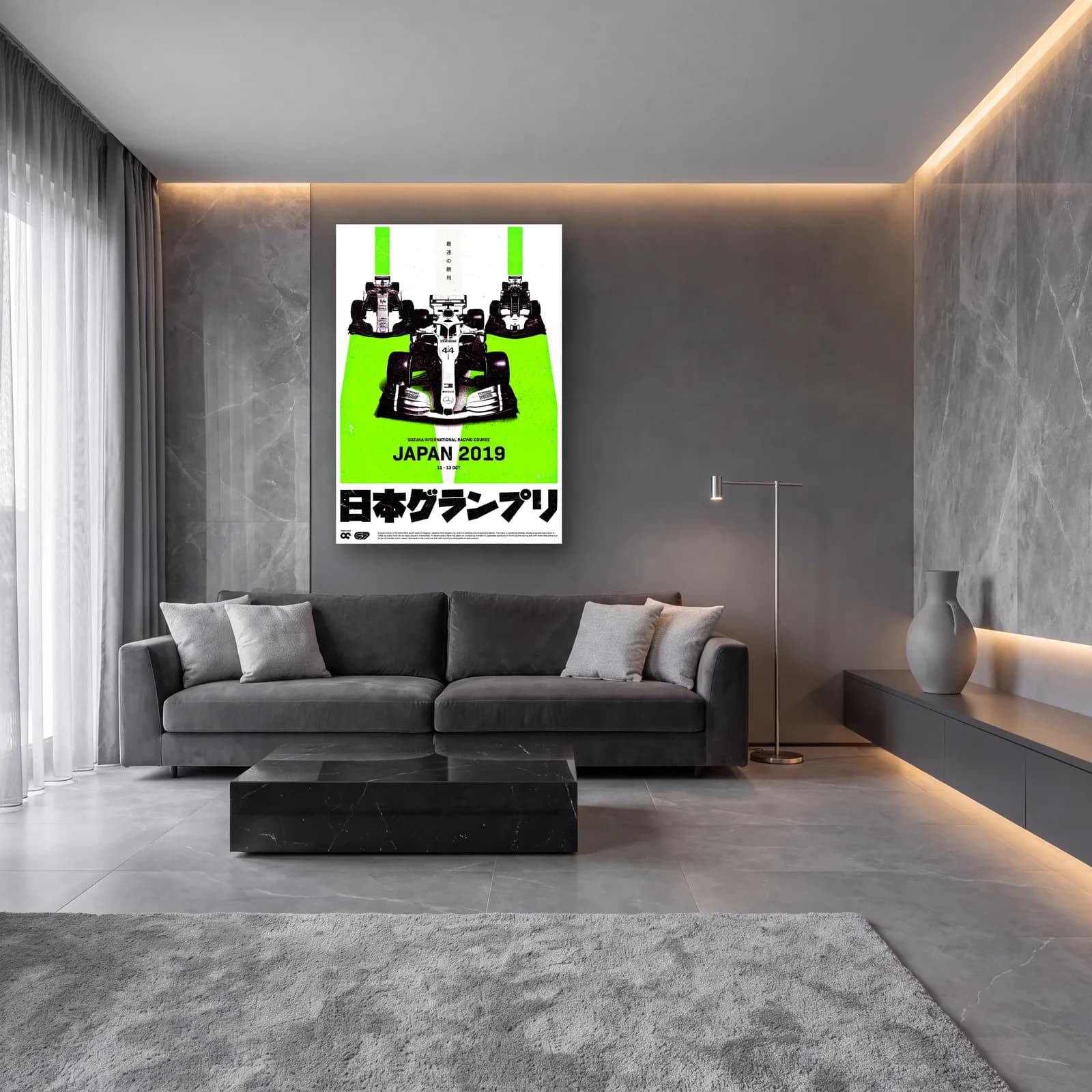 Japonya GP 2019 Yeşil cam tablo — lüks salon duvarında