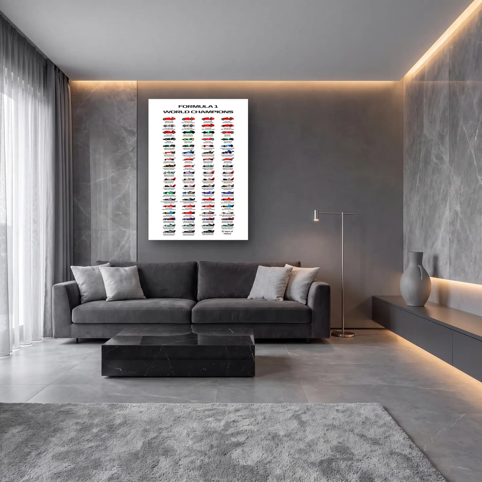 F1 Dünya Şampiyonları Posteri cam tablo — lüks salon duvarında