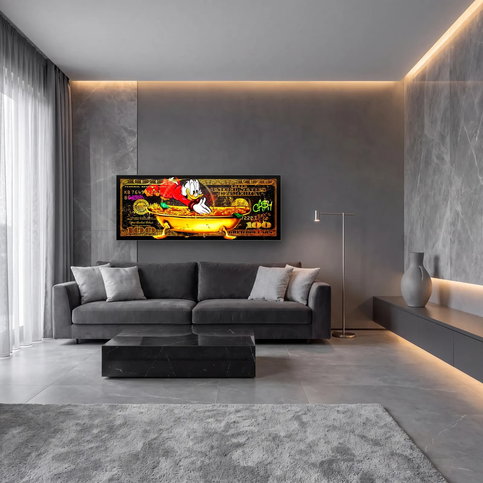 Scrooge McDuck Dolar Küvetinde cam tablo — lüks salon duvarında