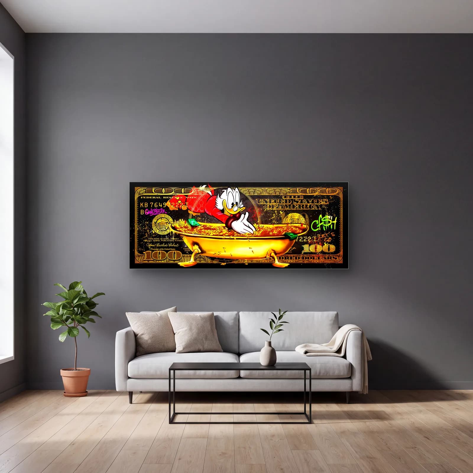 Scrooge McDuck Dolar Küvetinde cam tablo — gri duvarlı salonda