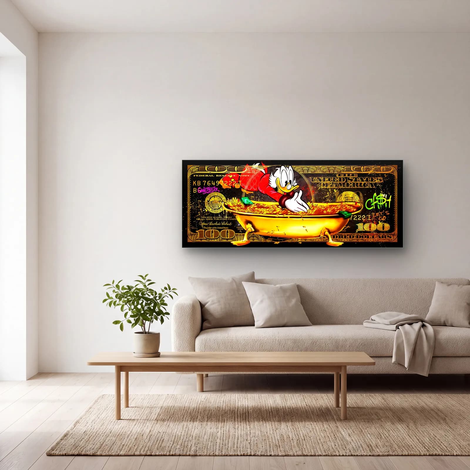 Scrooge McDuck Dolar Küvetinde cam tablo — açık renk salonda