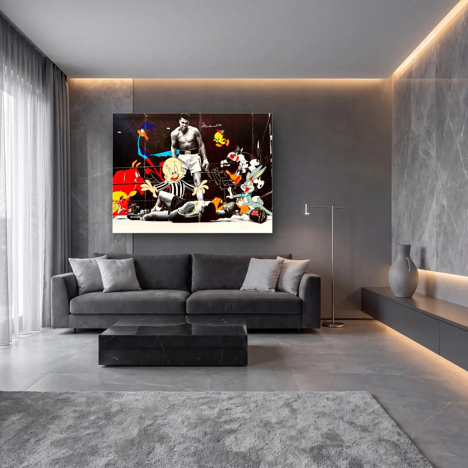 Muhammad Ali ve Looney Tunes cam tablo — lüks salon duvarında