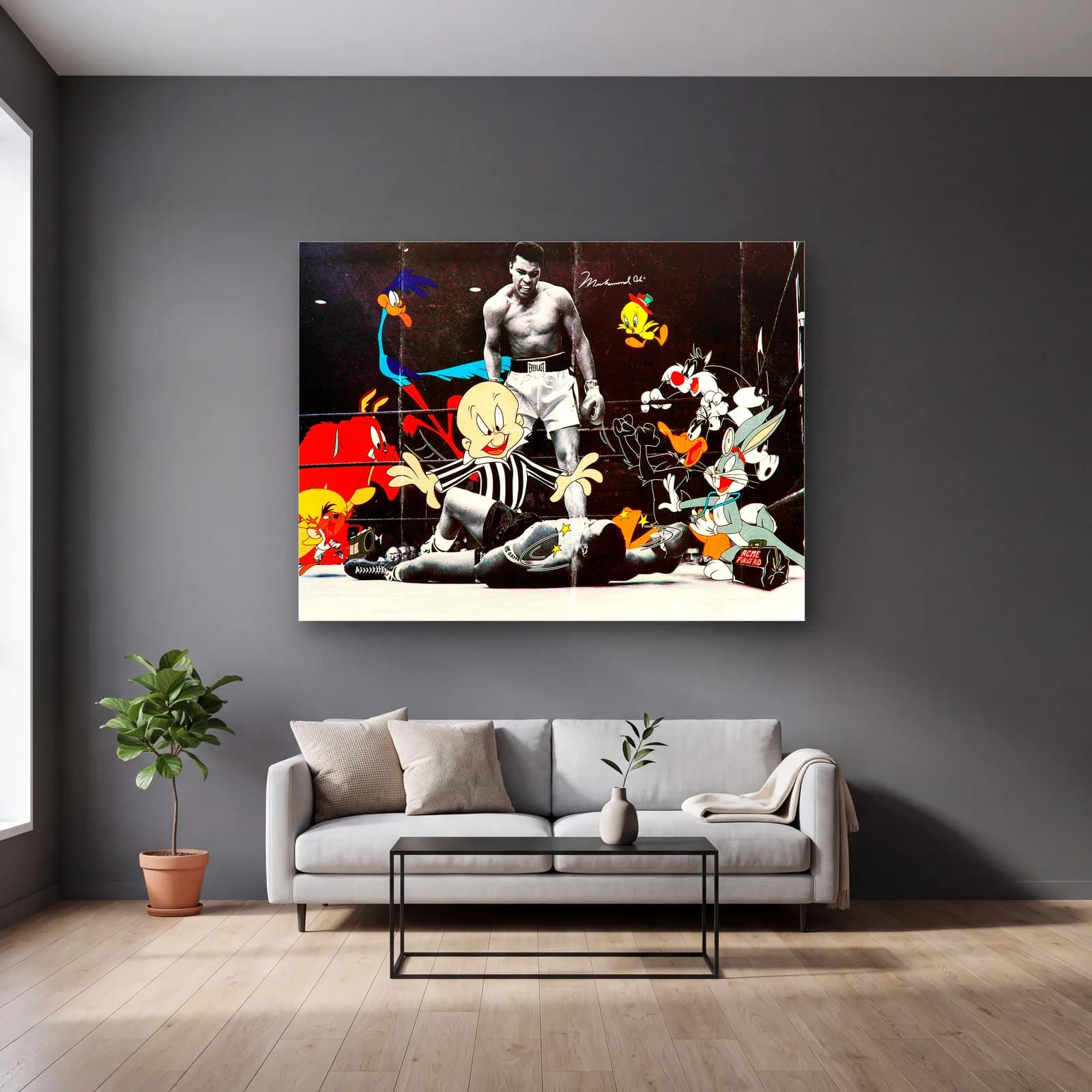 Muhammad Ali ve Looney Tunes cam tablo — gri duvarlı salonda