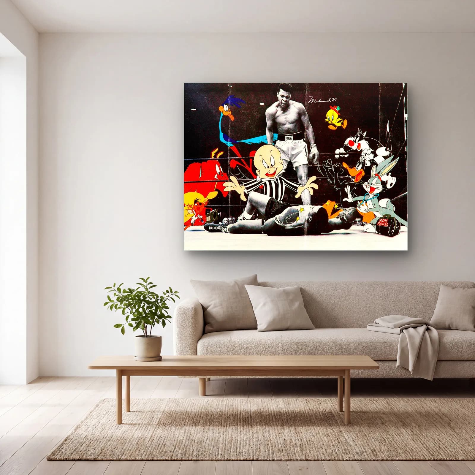 Muhammad Ali ve Looney Tunes cam tablo — açık renk salonda