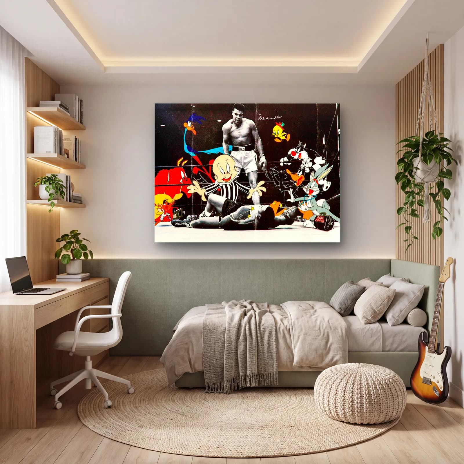 Muhammad Ali ve Looney Tunes cam tablo — genç odasında